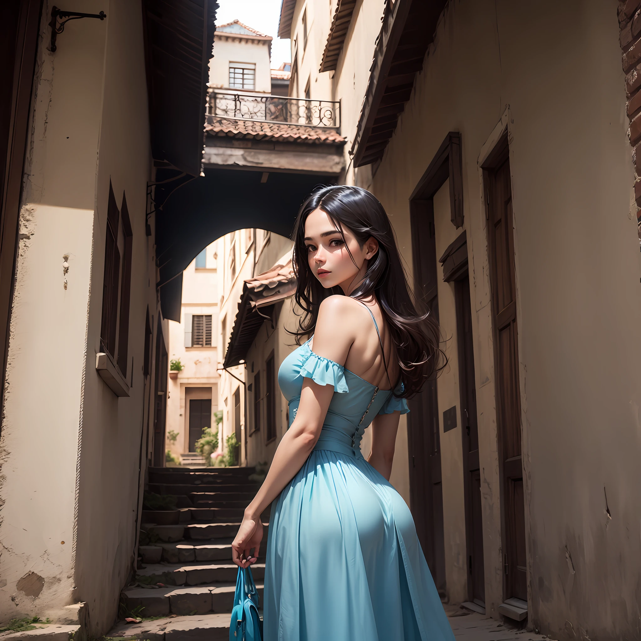 fotografia de filme colorido de uma mulher, bonita, morena, maquiagem, cabelos escuros, compridos, cacheados, vestido comprido, templos, Old buildings, escadarias