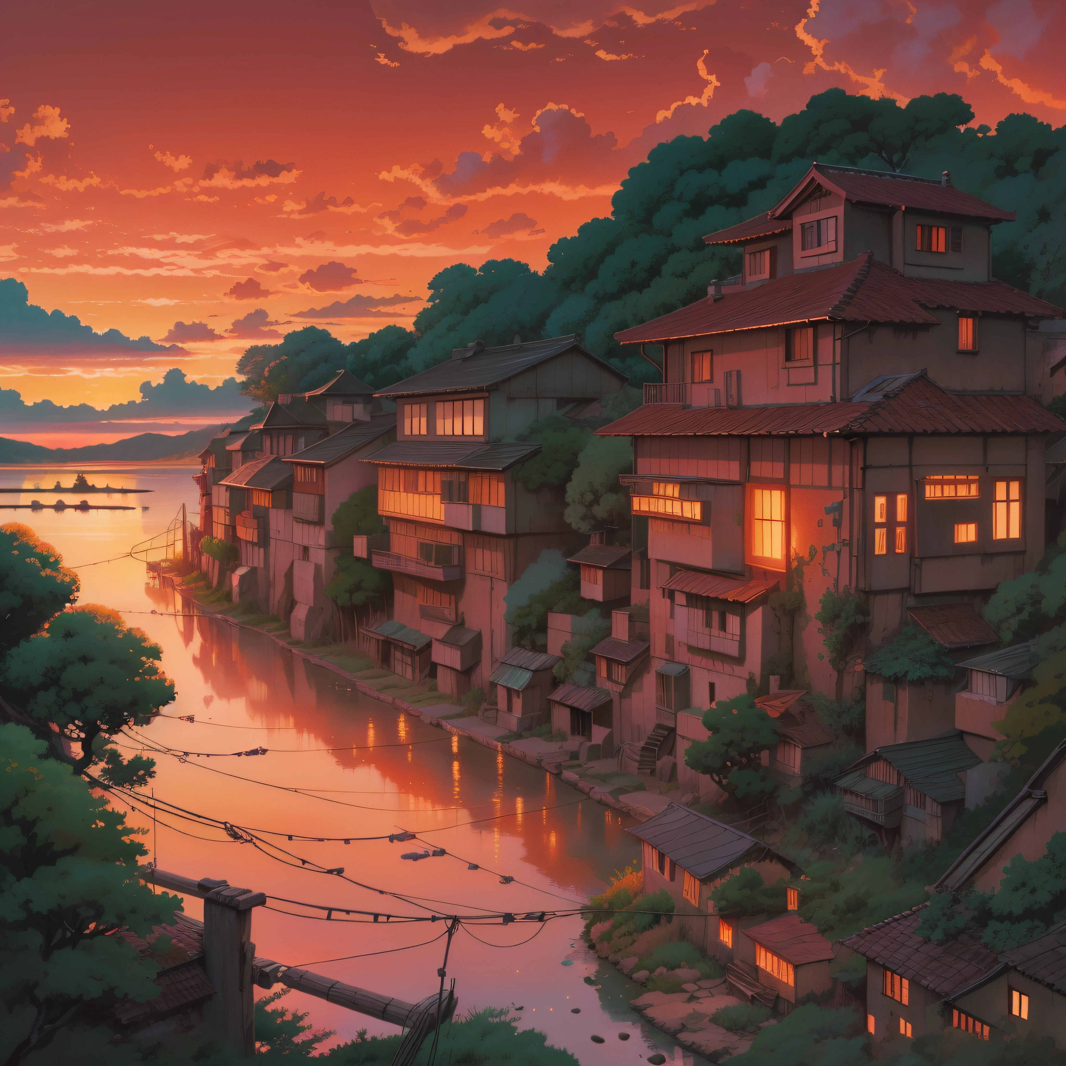 animesque、Red sunset sky、Deities々Shikai、You can see the touch of the brush、Studio Ghibli、Ghibli、a sultry、Scenery、Style、The light is sparkling