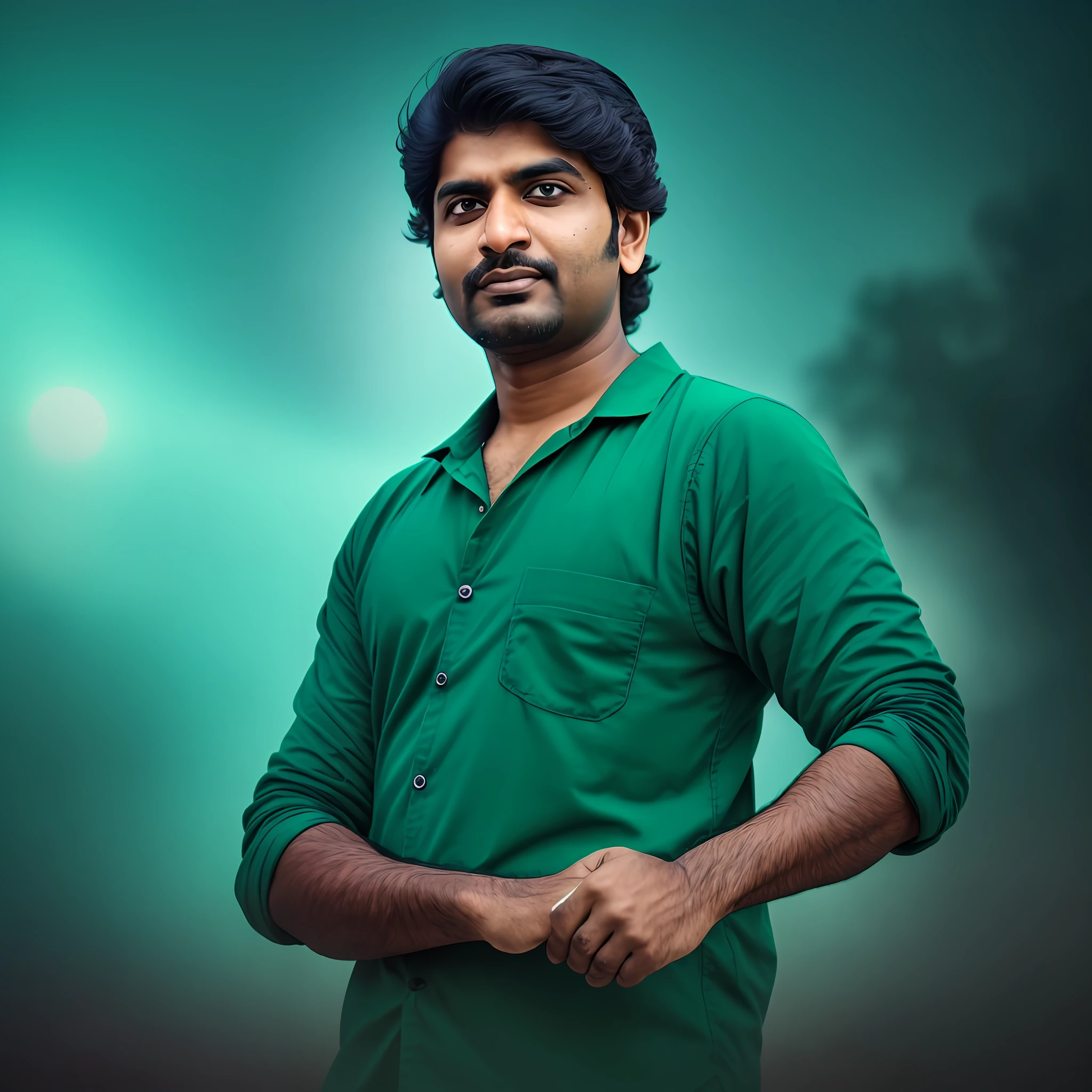 Gaurav Tiwari, a paranormal investigator and UFO field investigator who appeared on various television shows and founded the Indian Paranormal Society, looking at the camera with a brave and curious expression, haunted locations and UFOs in the background ((casual clothes - green: 1.5)), adventurous, 6d camera, octane render, spooky aesthetic, ghostly aura, mysterious atmosphere, detailed face, explorer aura  , facing the camera, indian man, shot hair, with no facial hair, 25 years old man --auto --s2