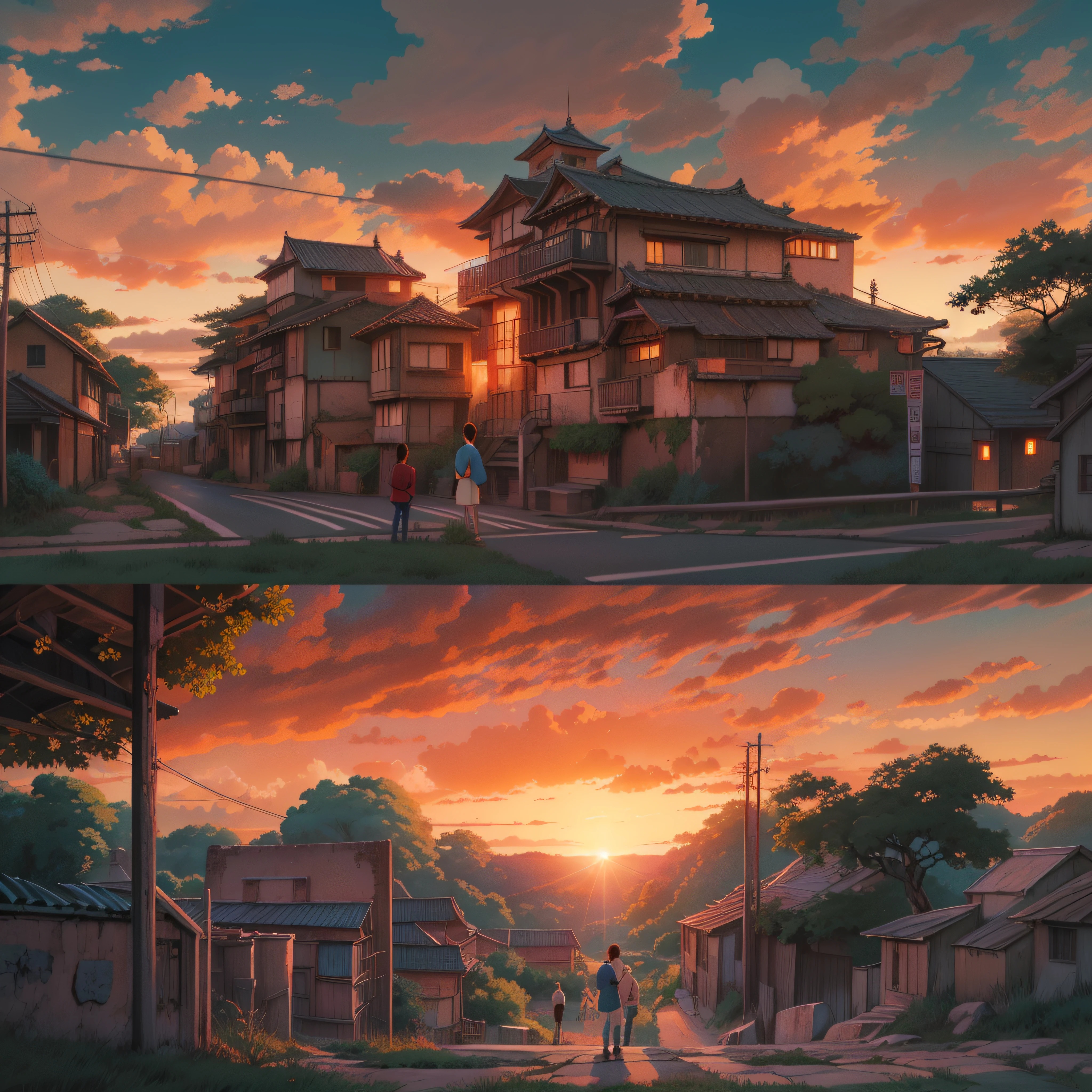 animesque、Red sunset sky、Deities々Shikai、You can see the touch of the brush、Studio Ghibli、Ghibli、a sultry、Scenery、Style、The light is sparkling