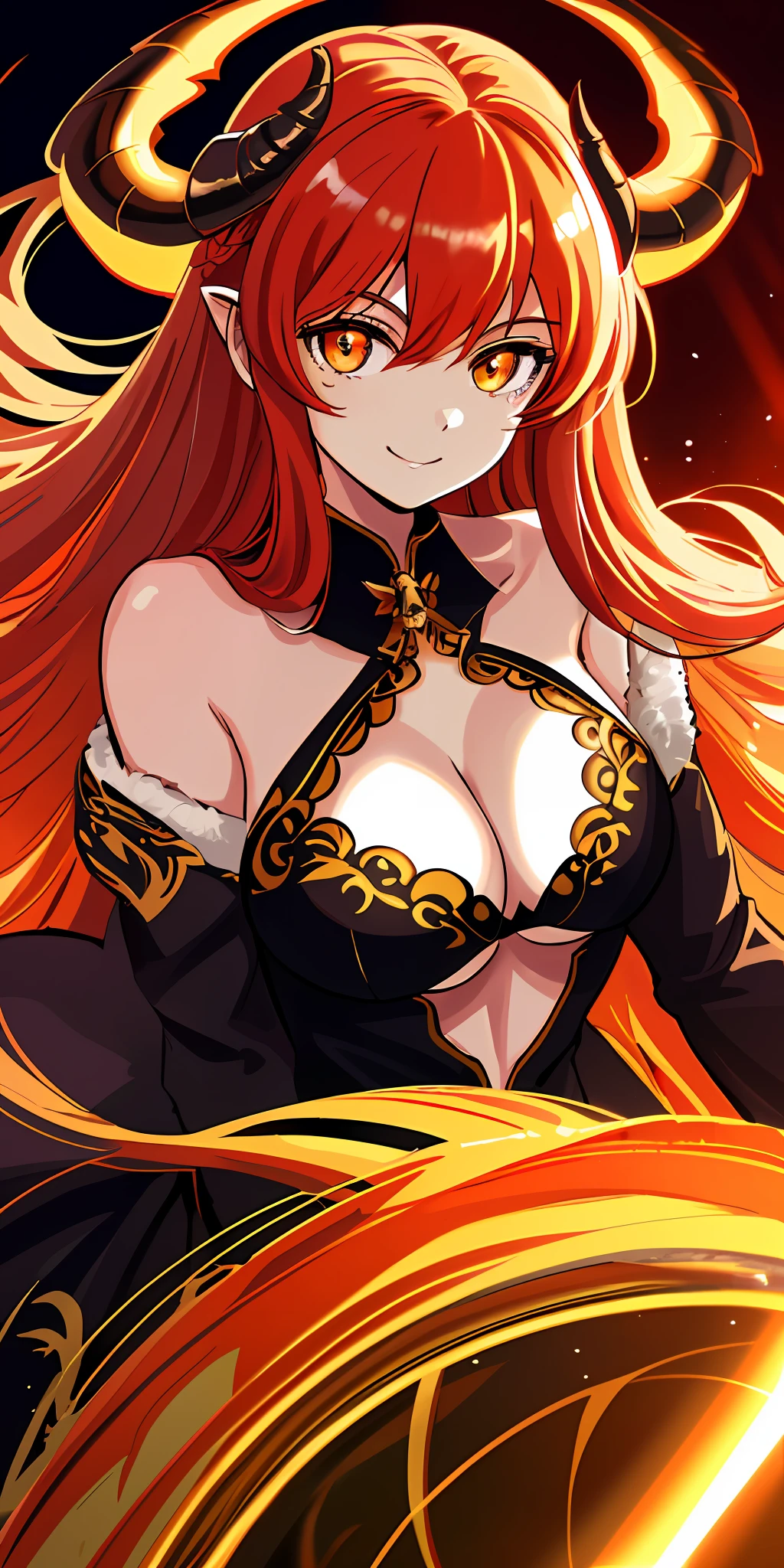 masterpiece, best quality, absurdres, ultra-detail, 1girl, upper body, focus on face, big golden eyes, very long hair, red hair, large breasts, ((cleavage)), ((demon)), demon horn, perfect face, lustrous skin, seductive smile, light rays, detailed background, intricate background,nsfw