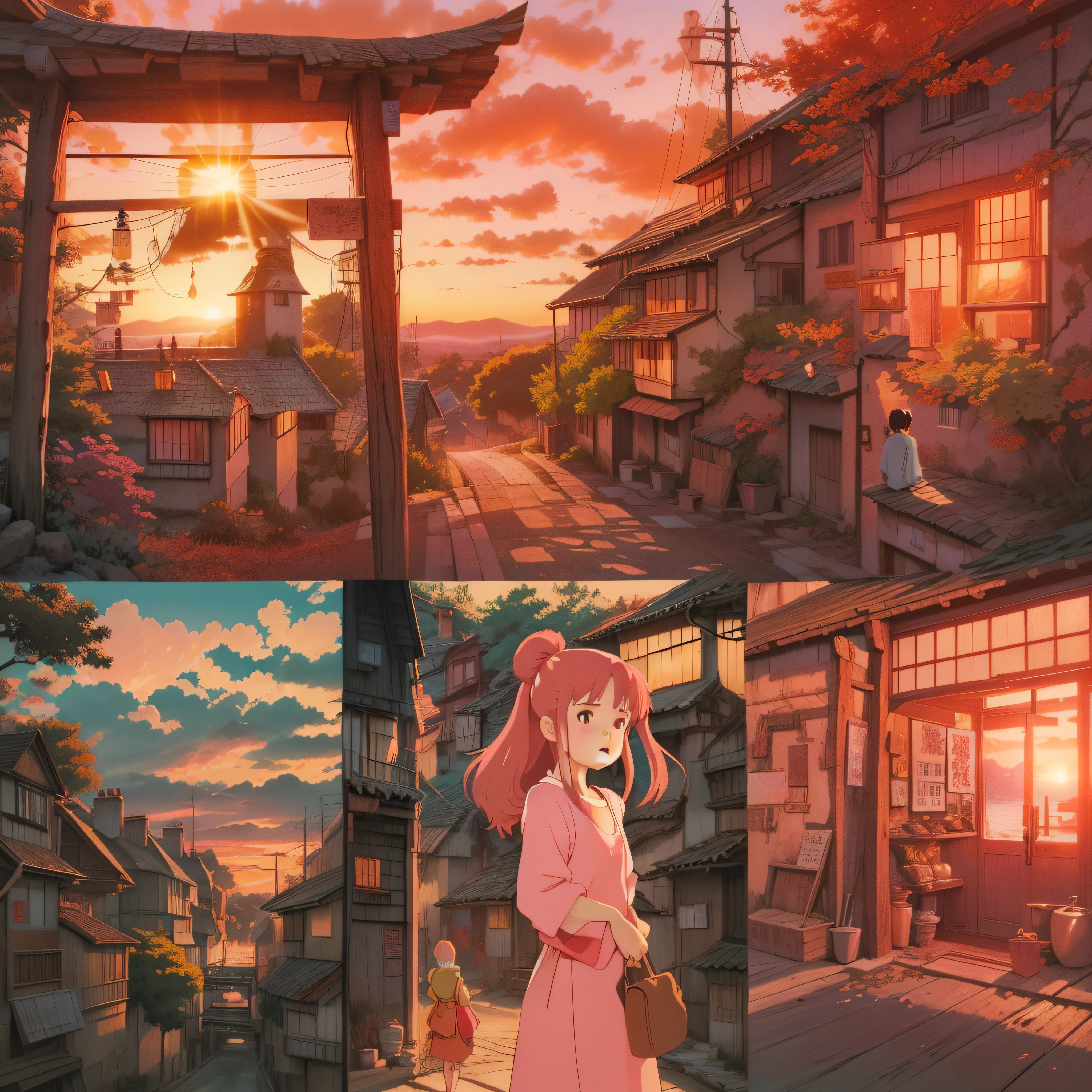 animesque、Red sunset sky、Deities々Shikai、You can see the touch of the brush、Studio Ghibli、Ghibli、a sultry、Style、The light is sparkling