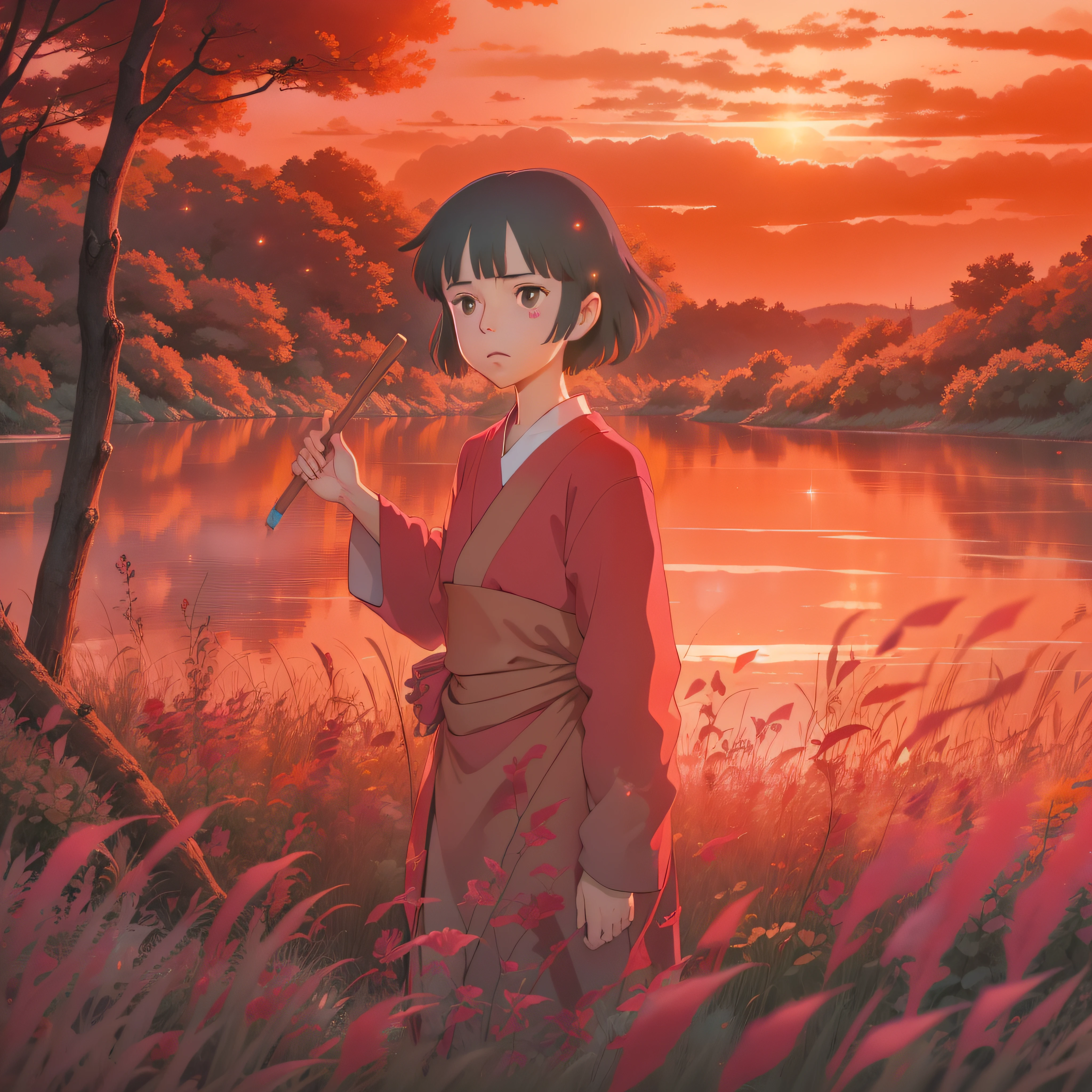 animesque、Red sunset sky、Deities々Shikai、You can see the touch of the brush、Studio Ghibli、Ghibli、a sultry、Style、The light is sparkling