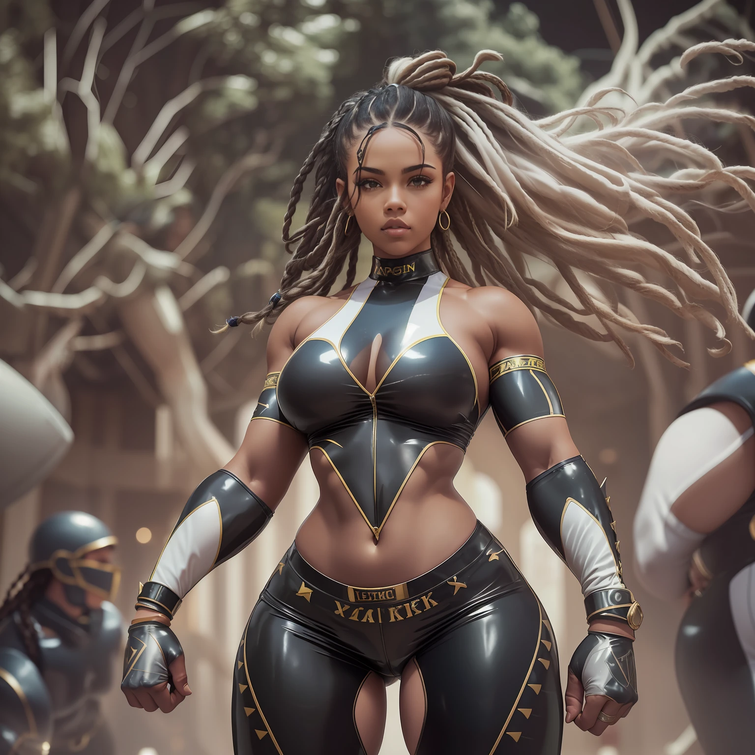 (perfect anatomy), (sports body), (big es), (thick-thighs), (perfect arms), (latex suit ), Pointed bracelets, looking a viewer, (Medium full-frame photography), (Background of the battle arena), (White dreadlocks)