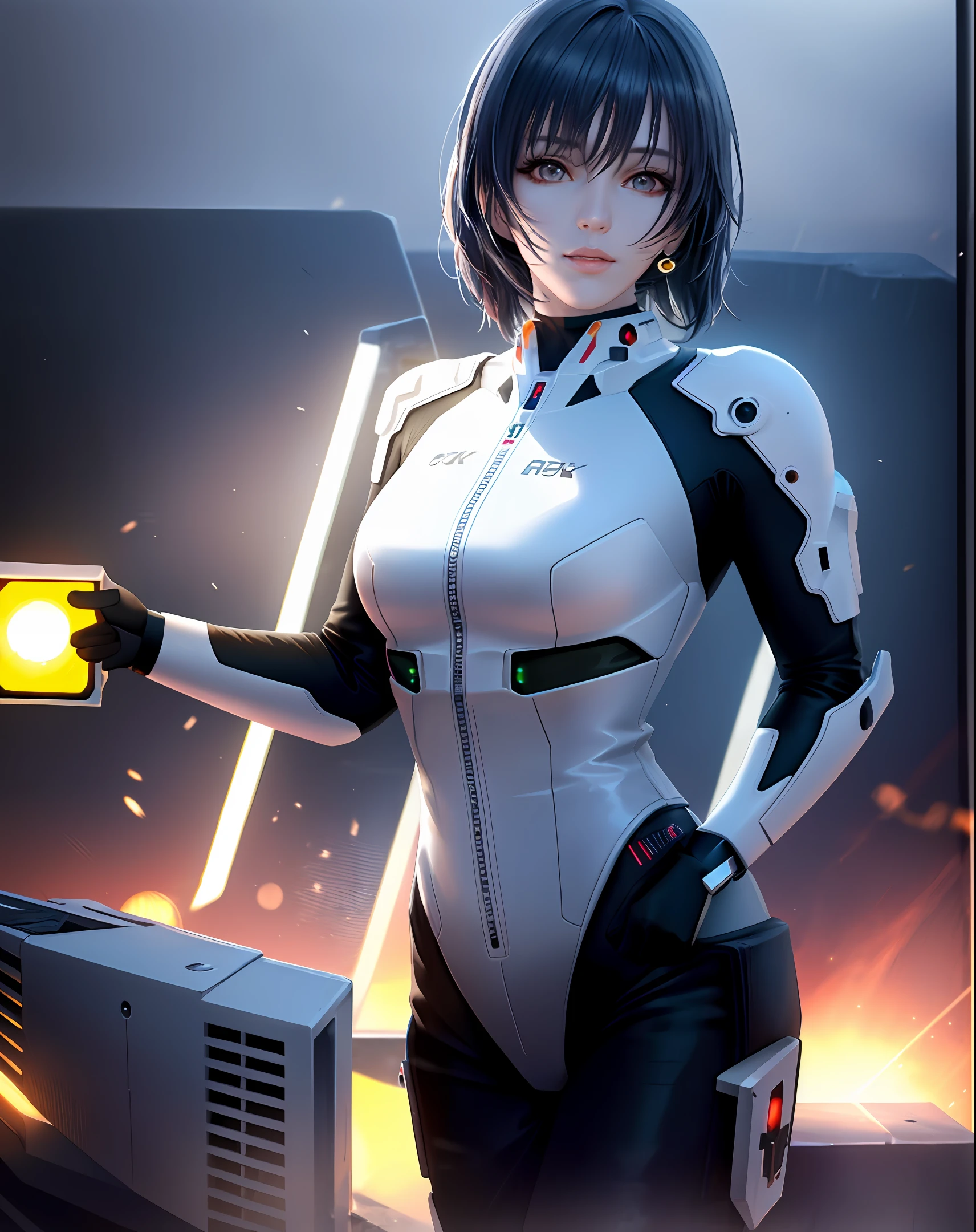 (8k, RAW photo, best quality, masterpiece:1.2), (realistic, photo-realistic:1.37),(Kpop idol), (aegyo sal:1),cute,professional lighting, photon mapping, radiosity, physically-based rendering, cosplay, lucy \(cyberpunk\),bob cut,mechanical parts,grey eyes, black tight suit,cyberpunk city, black pants,night,neon lights,sexy,smoke, looking at viewer,, 8k high resolution, 8k, CG wallpaper, realistic, clear background, medium breasts, full body realist face