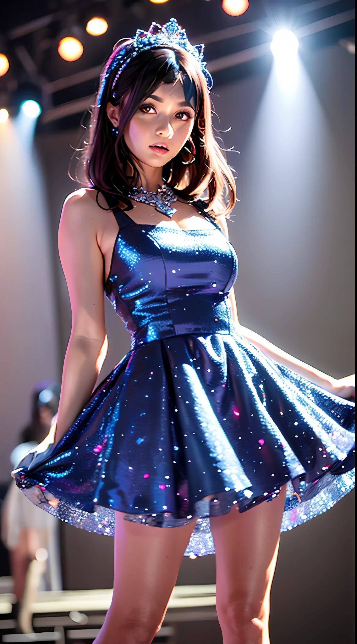 A woman in a short dress standing on a stage with spotlights, figura de cera, imagem promocional do filme, foto de retrato de corpo inteiro, Pose Glamour, pernas elegantes, pose de glamour, usando um vestido cintilante, Pose glamourosa, em uma saia brilhante, usando vestido azul, em vestido azul, Directed by: Julia Pishtar, filme promocional ainda, modeling photography, pose estilosa, foto do cartaz