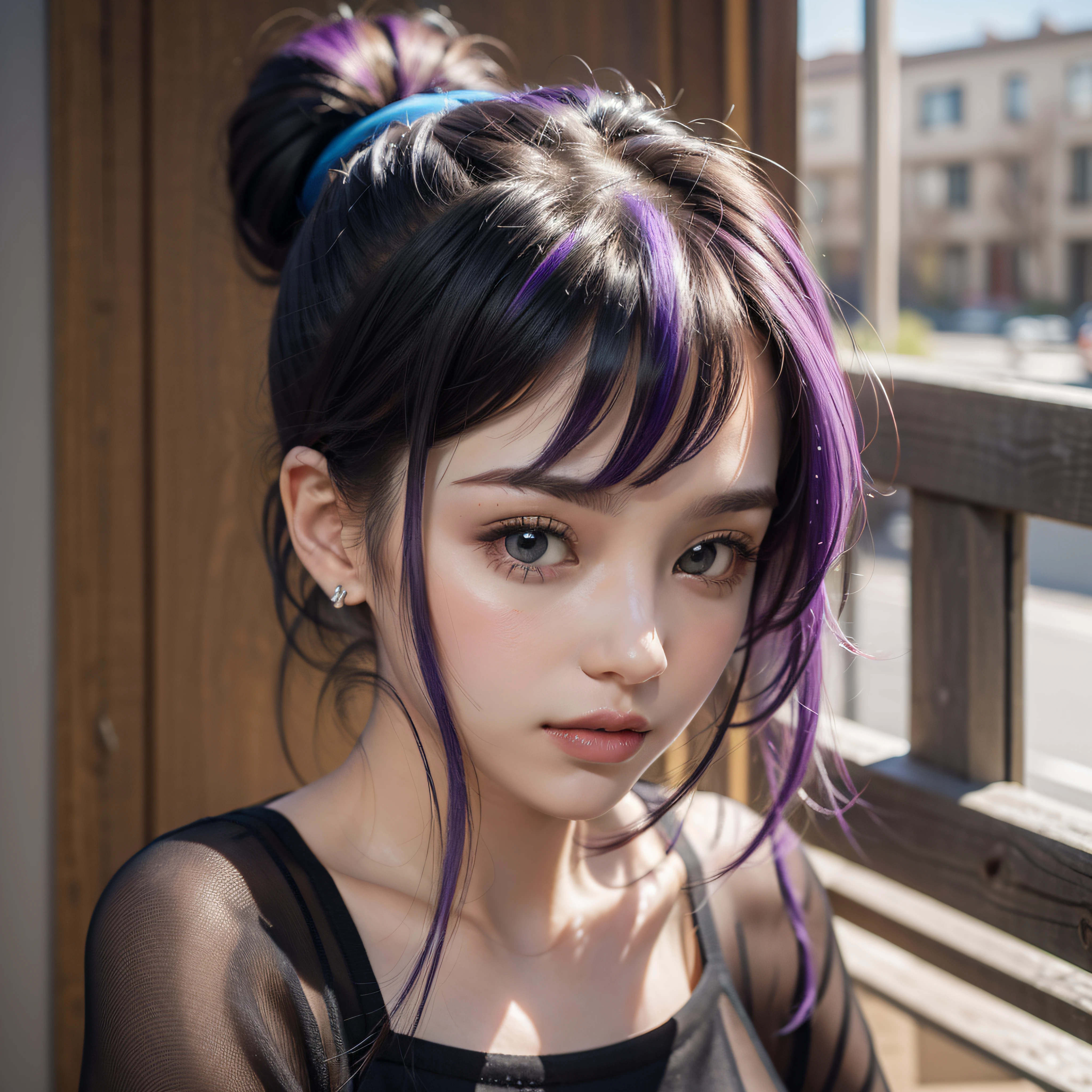 chica ideal iluminada por el sol, ponytail, multicolored hair black and purple, cabello liso hermoso cabello, disparo de cuerpo completo, soleado, camisa de lana blanca