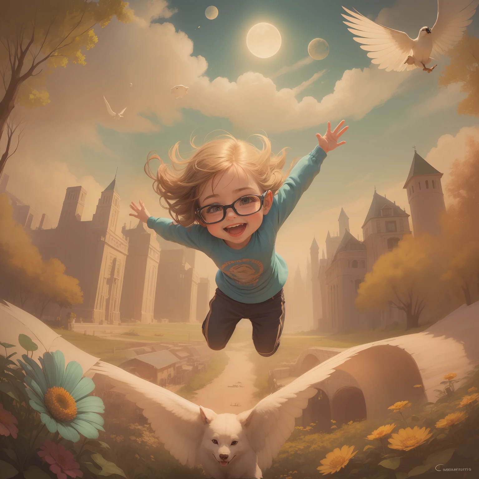 Desenho 8k, super realista, obra prima, melhor qualida, volumeric lighting, estilo cartoon em formato 16:9: Portray a chubby child wearing glasses with a beaming smile, com sardas no rosto e cabelos coloridos em tons vibrantes, symbolizing joy and imagination. The scene should include a magical landscape with playful elements, with everything a child dreams of being, coisas de futebolista, Superheroíne, ator, astronauta, piloto, no meio de nuvens fofas, colorful flowers and fantastic creatures. No centro do desenho, Enter the title "Nunca Deixes de Sonhar!" em letras cativantes e divertidas, combinando com o estilo cartoon. Use vibrant colors and soft strokes to create a sense of movement and fun. The drawing should convey an inspiring message about the importance of believing in dreams and the infinite possibilities of life.