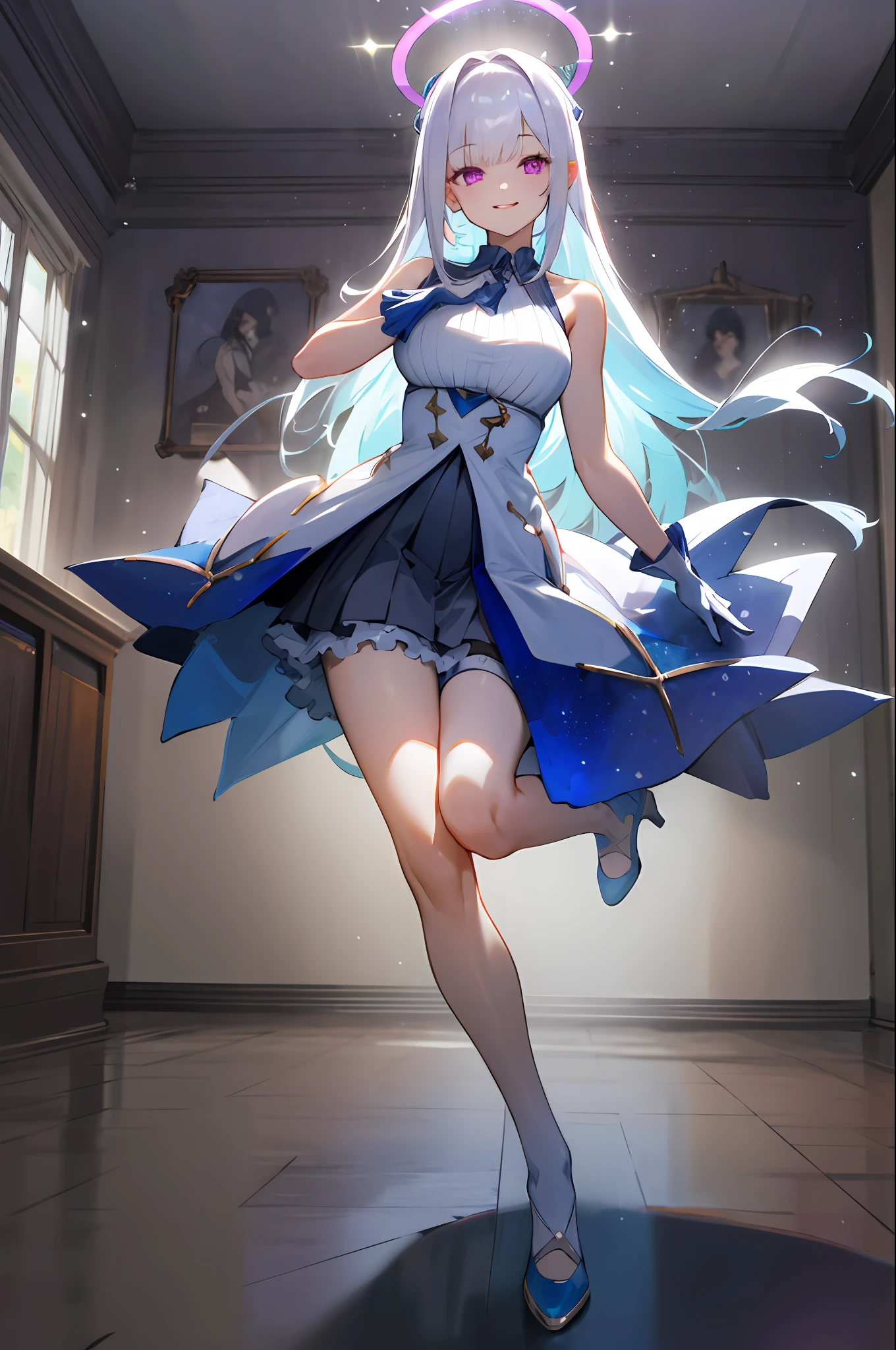 masterpiece, (highres:1.2), (ultra-detailed:1.3), (oil painting:0.8), (extremely detailed CG unity 8k wallpaper:1.1), full body, solo, 1girl, looking at viewer, legs open, light particles, solo, highres, long hair, looking at viewer, multiple horns, purple eyes, smile, extra large breasts, very long hair, legs, dress long gloves, thigh stocking, bare shoulders,thigh stocking, blouse, halo, indoors, shirt, sleeveless, sleeveless shirt, thighs, white hair, white shirt