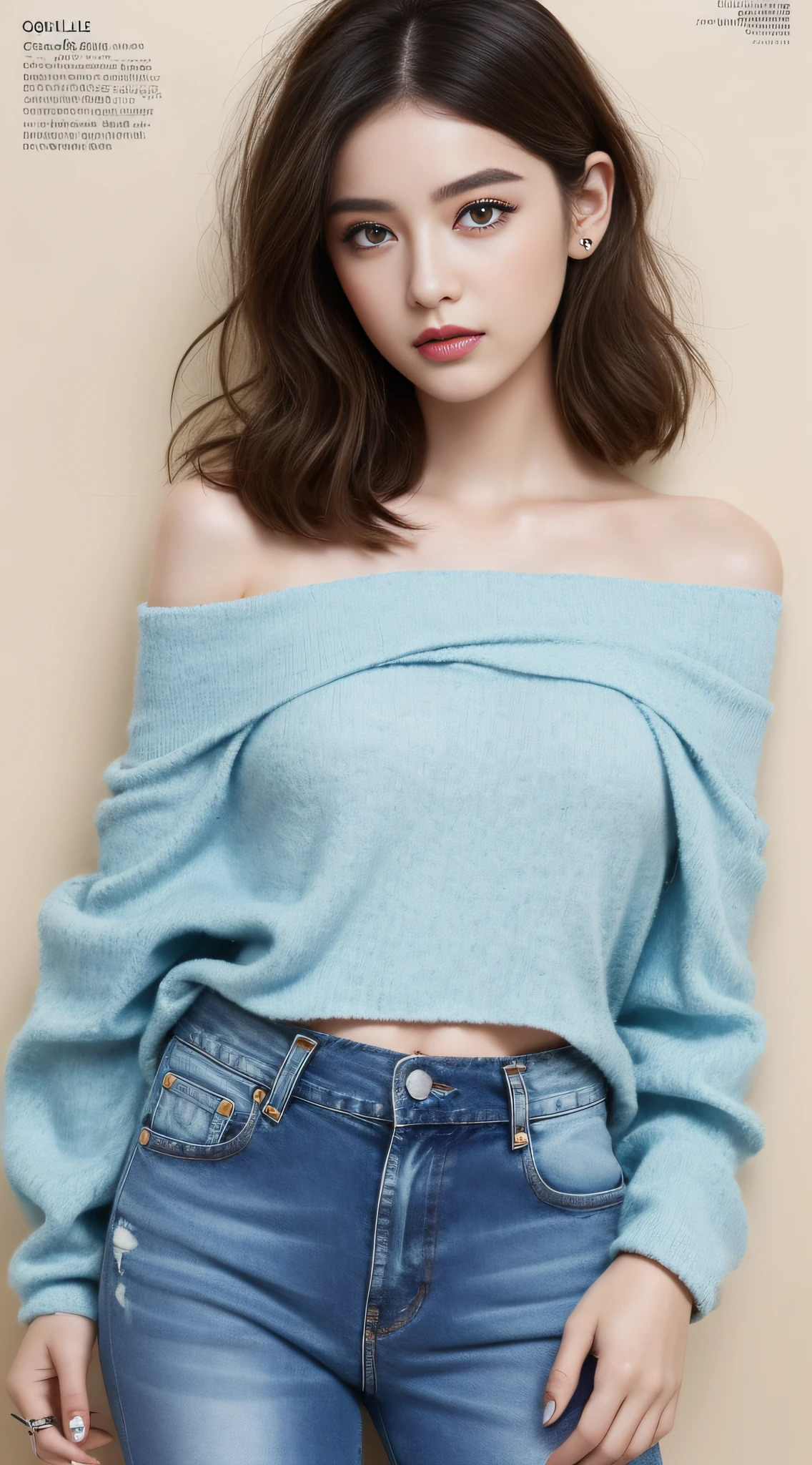 A super beautiful girl,Big bright eyes,Cool feeling,(Fashion magazine Cole:1.3),(distressed jeans, off-the-shoulder top, espadrilles)