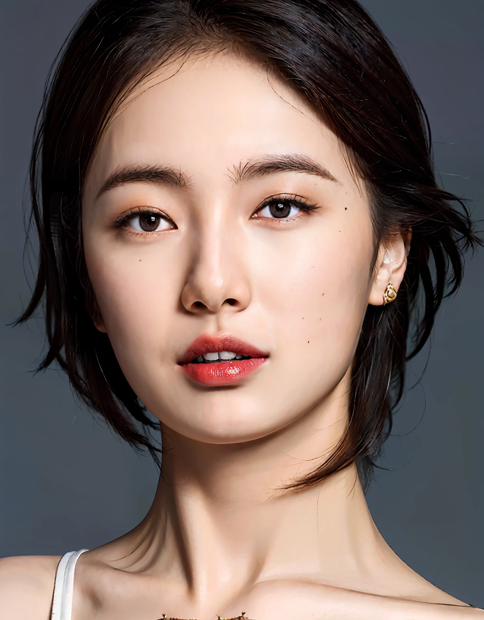 (Best quality, 8k, 32k, Masterpiece, UHD:1.2),Photo of Pretty Japanese woman, large breasts, very short bob hair,upper body,face focus,oversized_sweater, necklace, simple background, from above, looking at viewer,