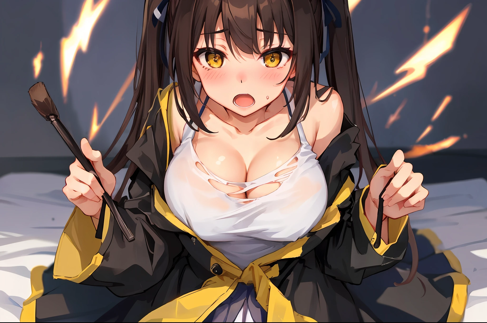 Original Characters、Volume Lighting、Best Shadows、The depth of field is shallow、Portrait of an amazingly beautiful girl、Delicate beautiful attractive face with tall body and yellow eyes、embarrassed from、Opening Mouth、Beautiful large breast、Brown hair layered with long twin tails、Blush Eyeshadow、Black oversized long jacket、Black long coat、Torn Mini Underbob T-Shirt、Slim waist、skirt by the、Outdoor Unit、Lying in a bed、Gao's Pose、be sweaty、Lower breast、(top-quality、Superb Detail:1.25)、(独奏:1.3)