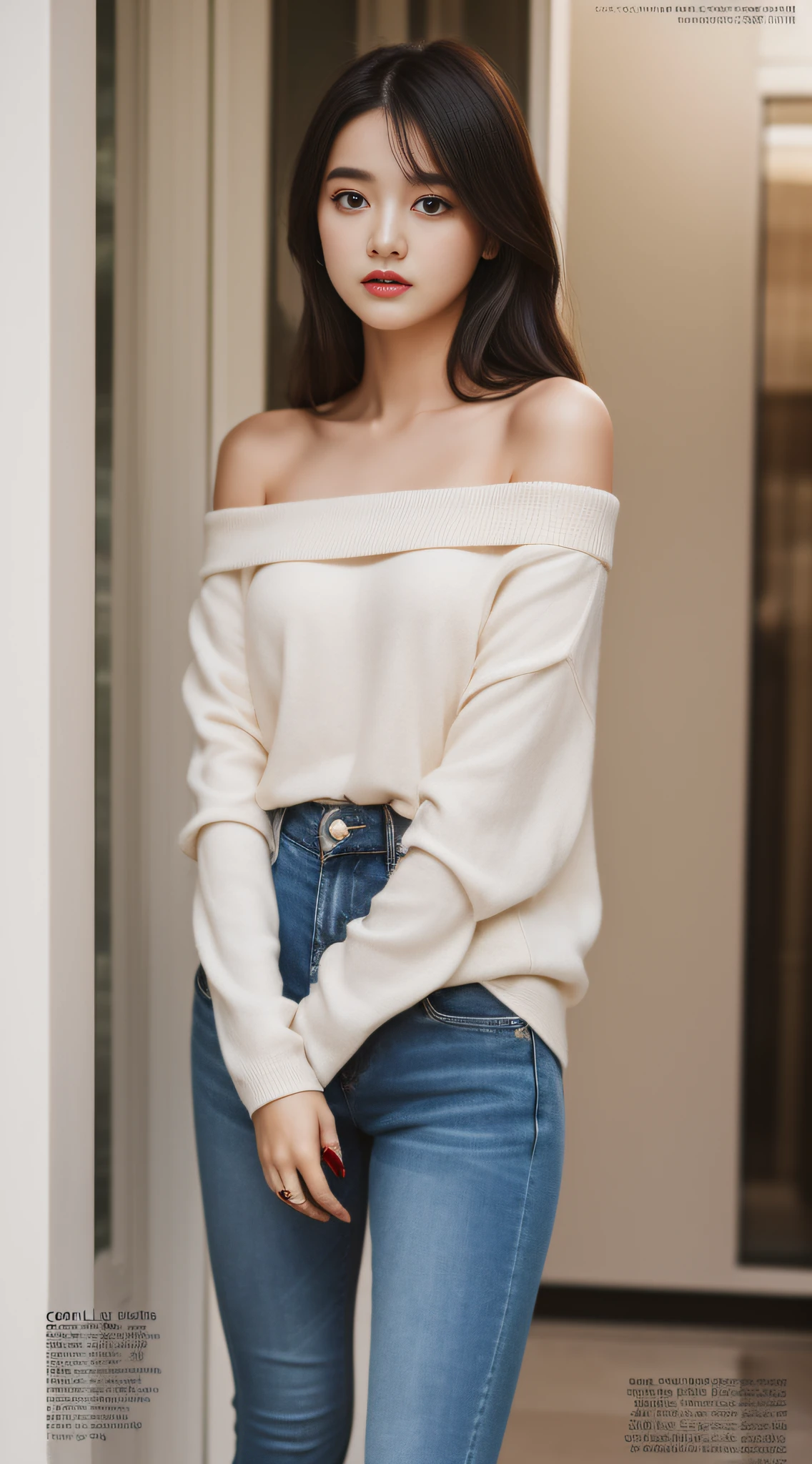 A super beautiful girl,Big bright eyes,Cool feeling,(Fashion magazine Cole:1.3),(distressed jeans, off-the-shoulder top, espadrilles)