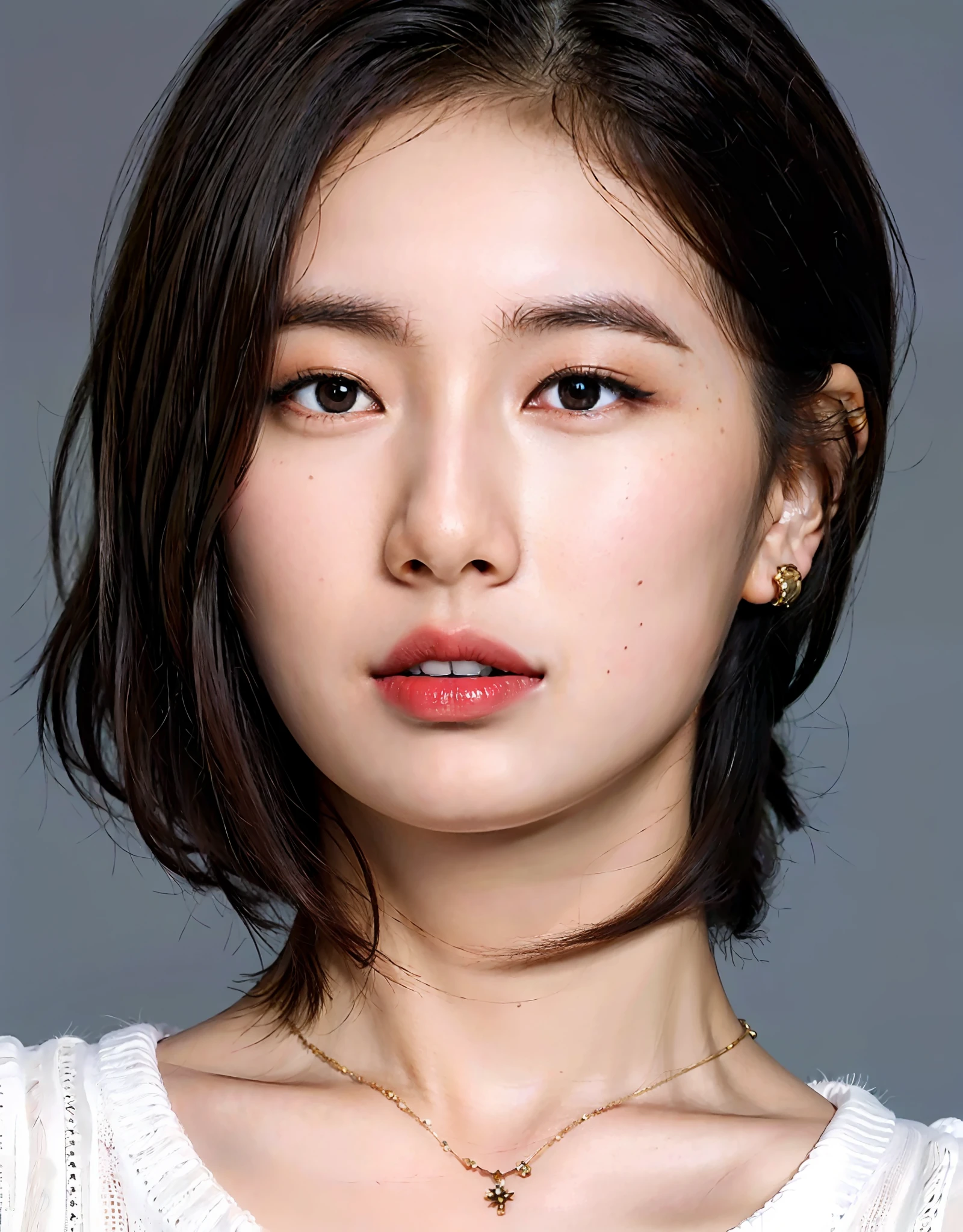 (Best quality, 8k, 32k, Masterpiece, UHD:1.2),Photo of Pretty Japanese woman, large breasts, very short bob hair,upper body,face focus,oversized_sweater, necklace, simple background, from above, looking at viewer,