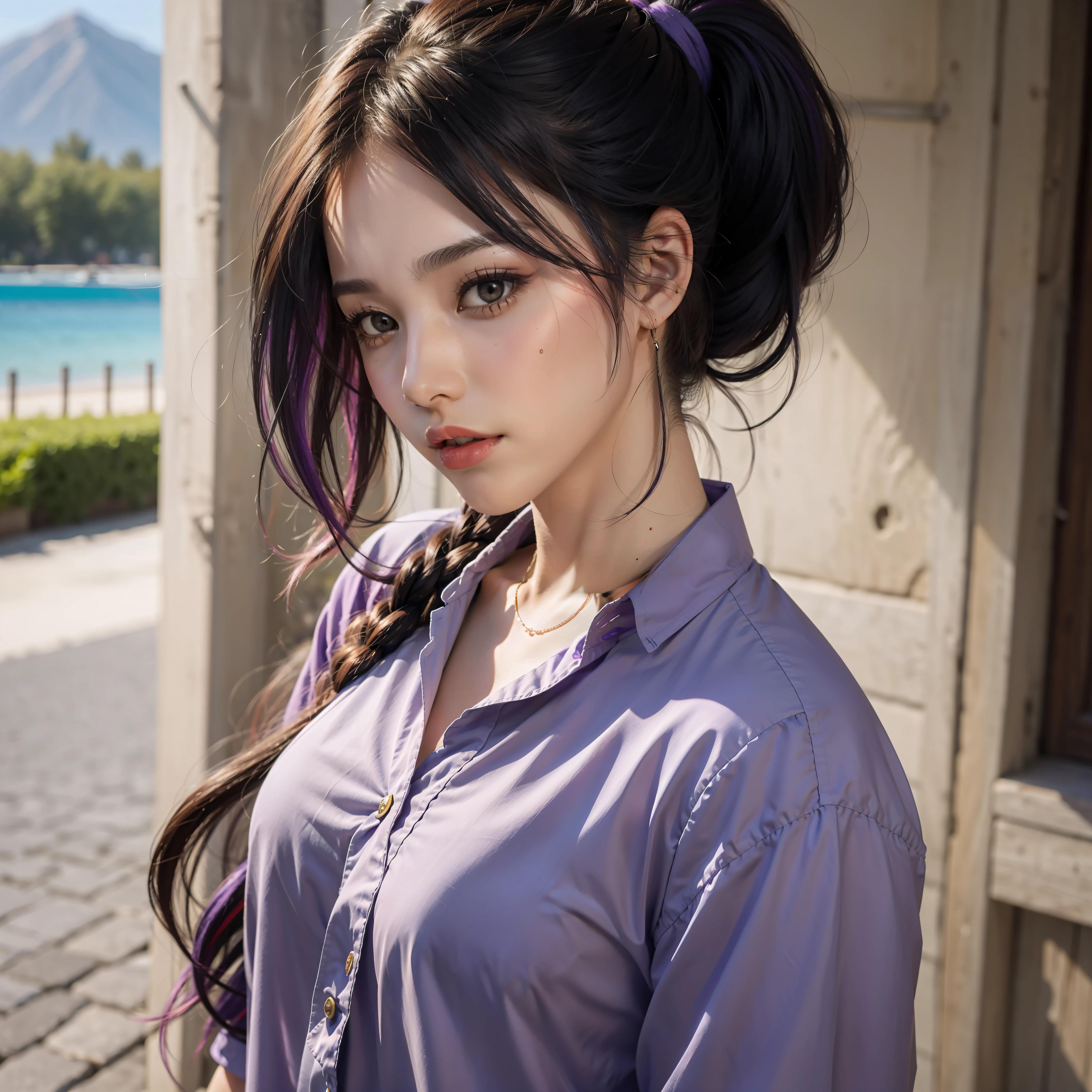 chica ideal iluminada por el sol, ponytail, multicolored hair black and purple, cabello liso hermoso cabello, disparo de cuerpo completo, soleado, camisa de lana blanca