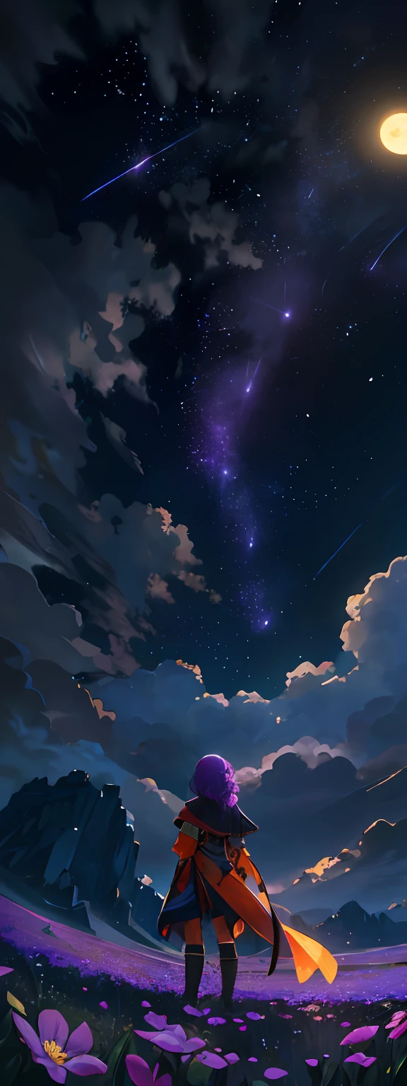 Vast landscape photo, (viewed from below, the sky is above and the open field is below), a girl standing on a flower field looking up, (full moon: 1.2), (meteor: 0.9), (nebula: 1.3), distant mountains , Trees BREAK Crafting Art, (Warm Light: 1.2), (Fireflies: 1.2), Lights, Lots of Purple and Orange, Intricate Details, Volumetric Lighting, Realism BREAK (Masterpiece: 1.2), (Best Quality), 4k, Ultra-Detailed, (Dynamic Composition: 1.4), Very Detailed, Colorful Details, (Rainbow Colors: 1.2), (Glow Lighting, Atmospheric Lighting), Dreamy, Magical, (Solo: 1.2)