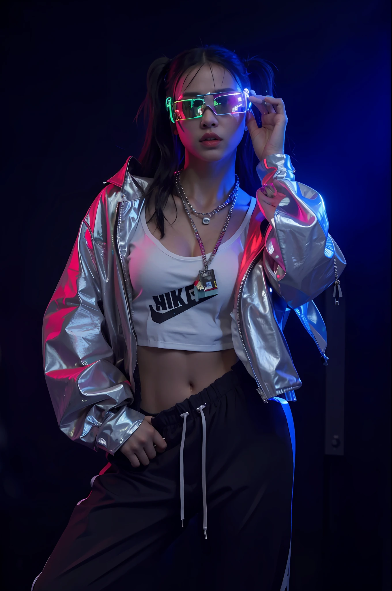 Alafi posed for photos in a shiny jacket and sunglasses, cyber punk style, photograph of a techwear woman, cyberpunk with neon lighting, Cyberpunk 2 0 y. o model girl, fashion neon light, fashion shoot 8k, neon cyberpunk style, shot at night with studio lights, cyberpunk high fashion, cyberpunk lighting, fashion color studio lighting