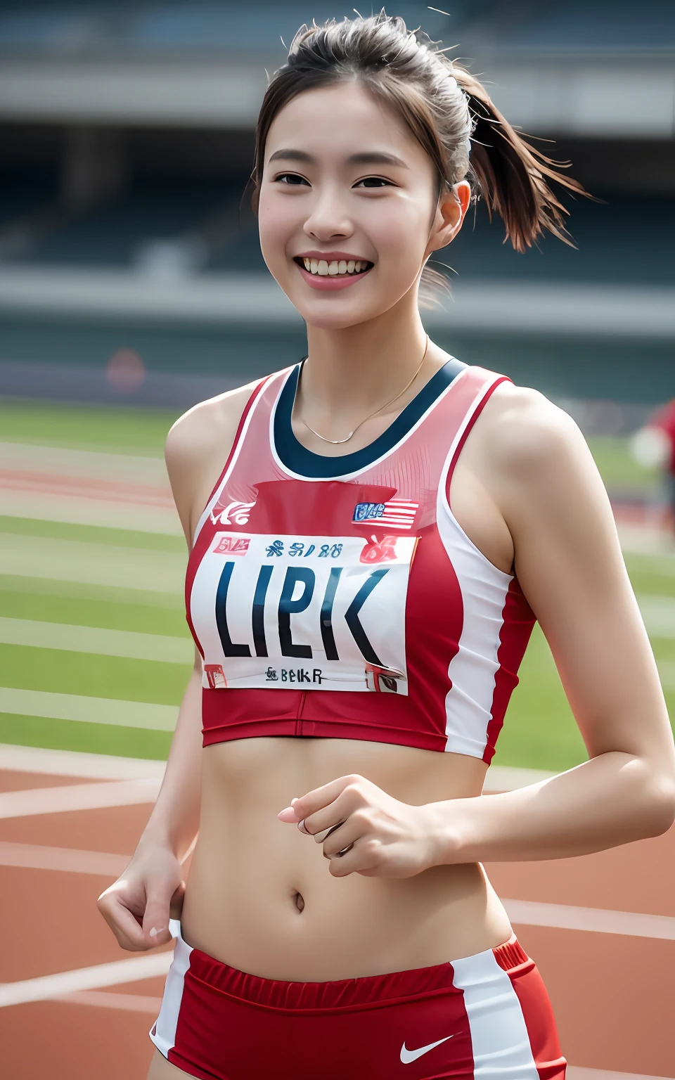 extremely detailed CG unity 8k wallpaper, best quality, ultra-detailed, masterpiece, realistic, photo realistic, extremely detailed cute girl, 25years old, (wearing Track and Field Uniforms), (race bib), smile , belly button, Half body shot , track-and-field arena , squat , short hair
