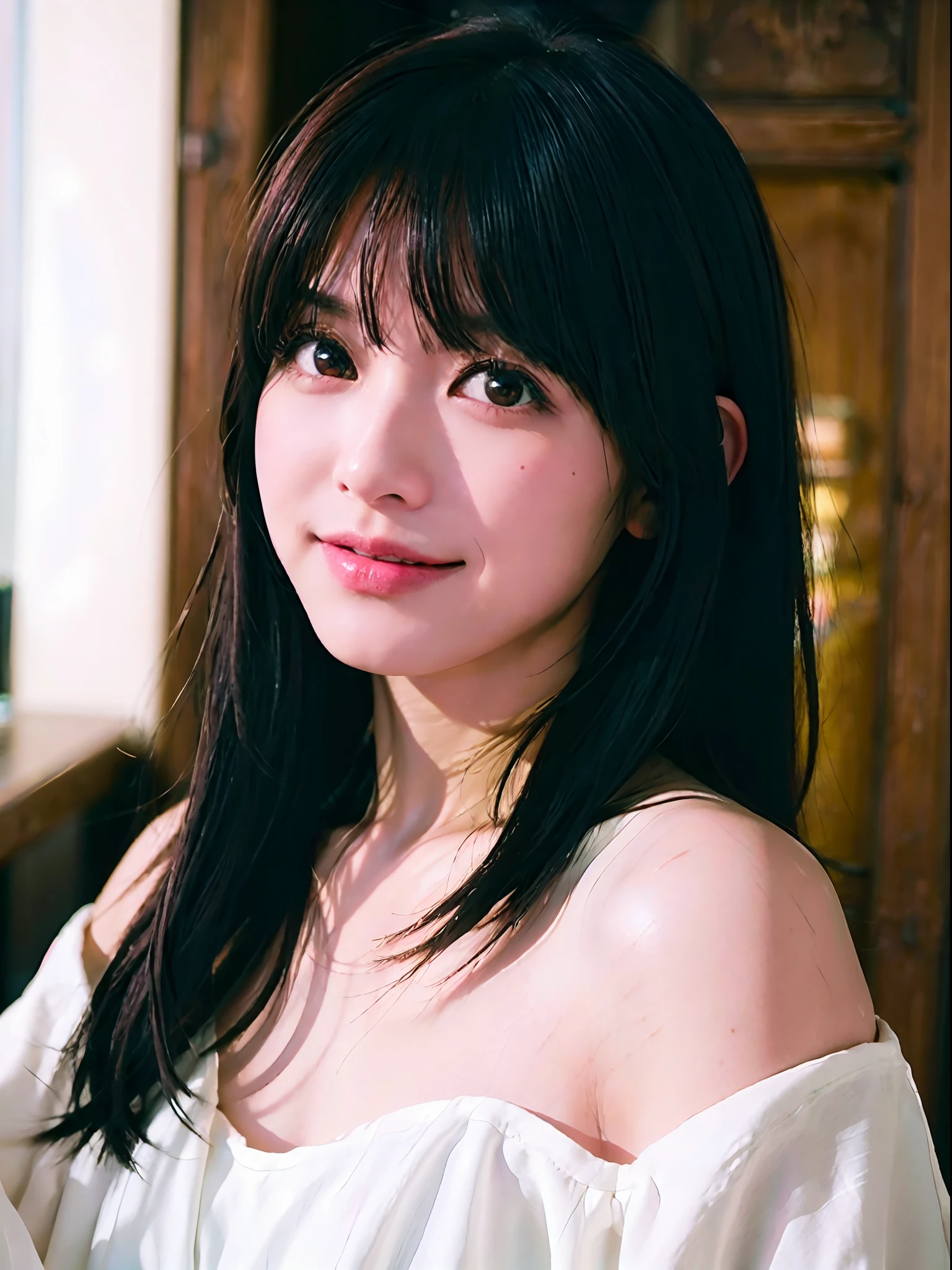 (Best Quality:1.2, 8K, Sharp Focus, master piece: 1.2, Cinematic Light, extremely details CG, beautiful Girl, reality, Detailed face textures, Realistic skin, beautiful makeup, Detailed bangs)), (depth of fields), Bokeh background, Head tilt, Smile, closes mouth, shiny black long hair, Cowboy Shot, white bare top mini dress, jacket off shoulder, wind