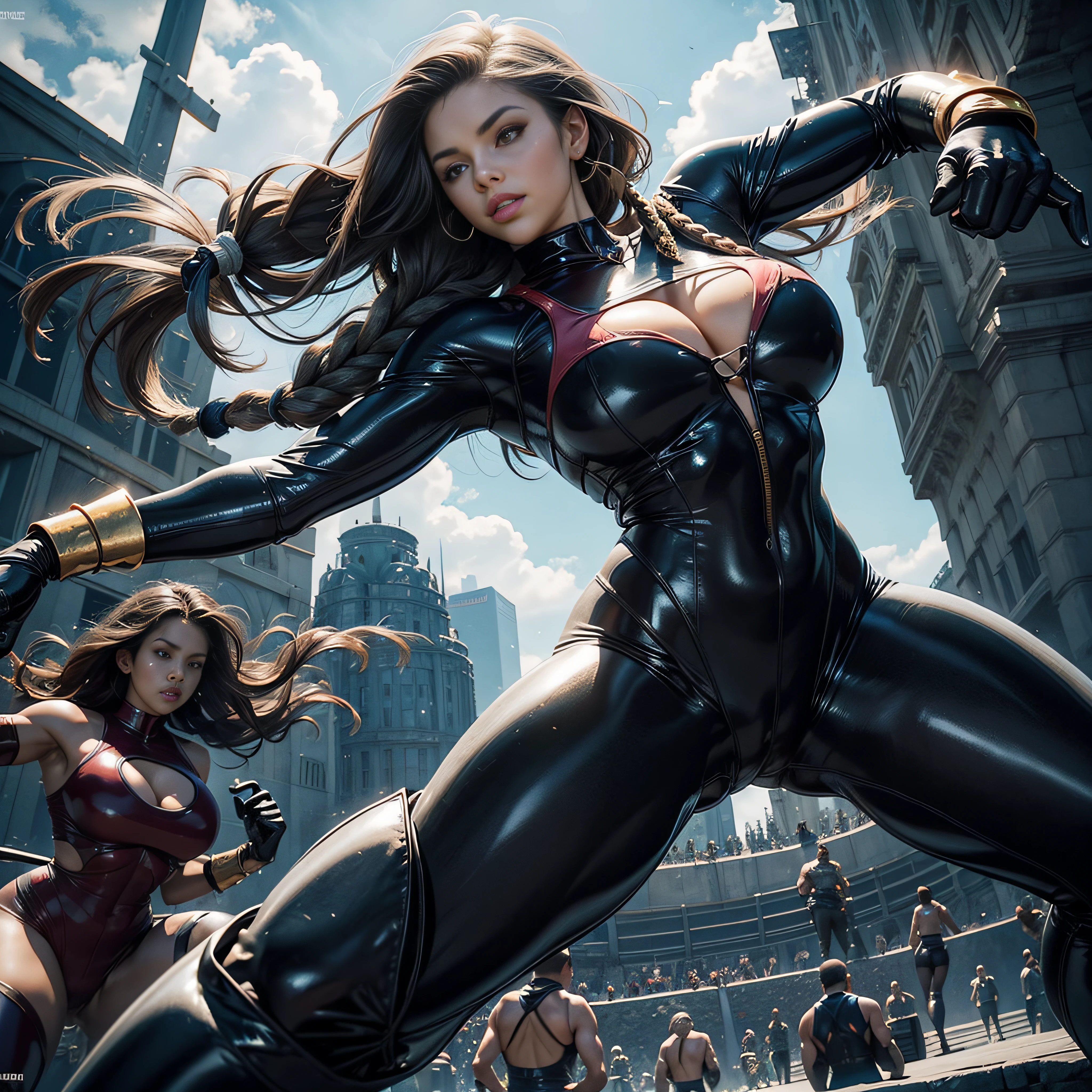 (perfect anatomy), (sports body), (big es), (thick-thighs), (perfect arms), (latex suit ), Pointed bracelets, looking a viewer, (Medium full-frame photography), (Background of the battle arena), (White dreadlocks)
