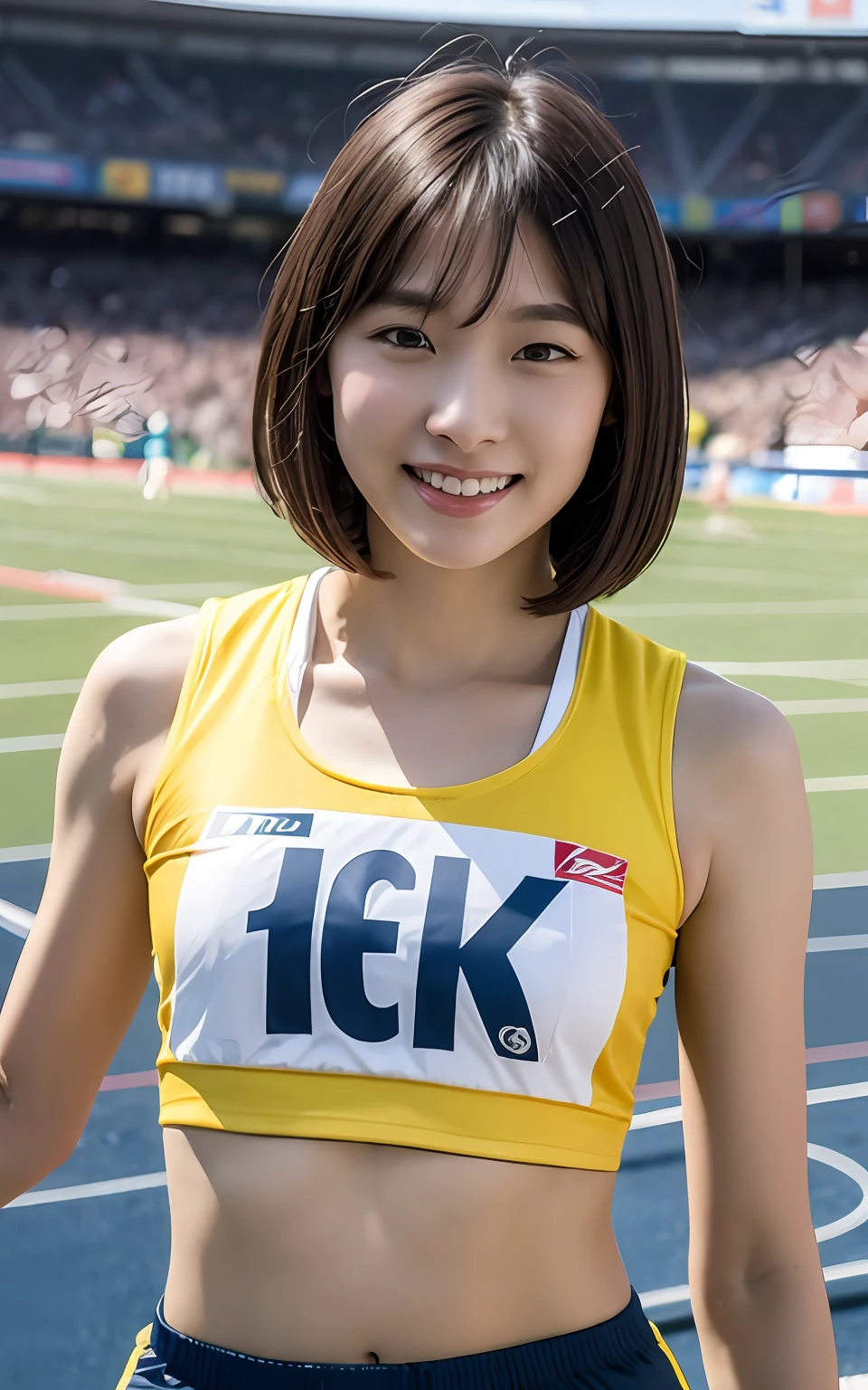 extremely detailed CG unity 8k wallpaper, best quality, ultra-detailed, masterpiece, realistic, photo realistic, extremely detailed cute girl, 25years old, (wearing Track and Field Uniforms), (race bib), smile , belly button, Half body shot , track-and-field arena , sitting ,   bob cut