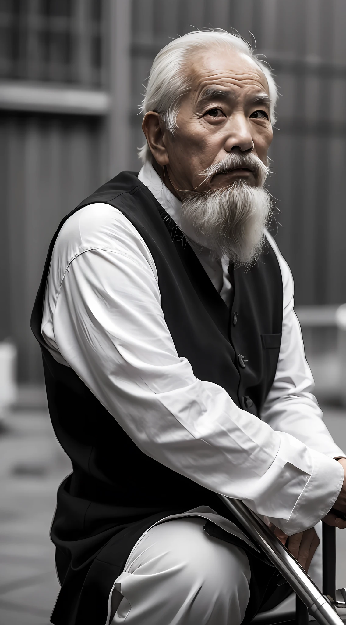 Old Chinese man on crutches， akechi， Long white beard， hight contrast， （Natural skin texture， ultra-realistic realism， Soft light， Sharp），Stand in front of the whole body