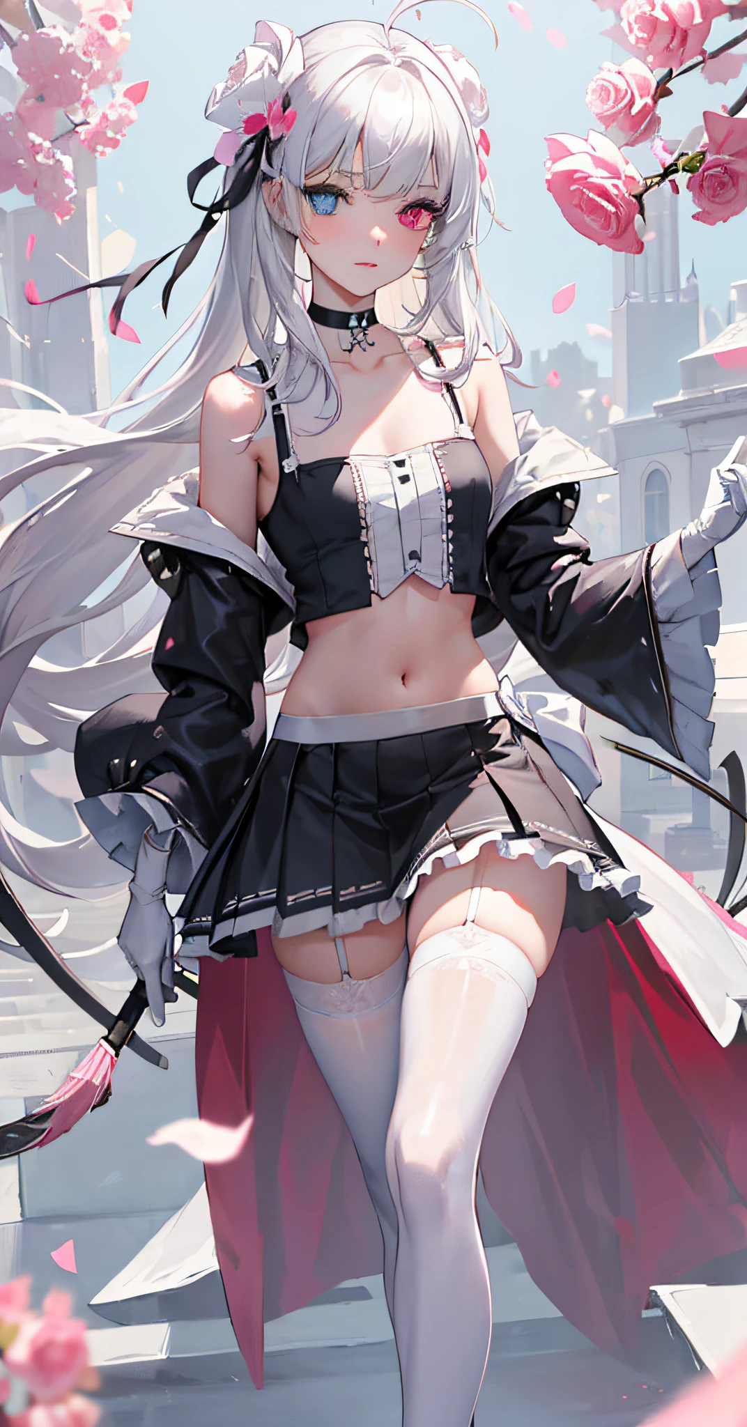 ((masterpiece)),((bestquality)),((officialart, White gloves,delicate leg)),((extremelydetailedcgunity8kwallpaper)),(((petals))),(((heterochromia))),(((rosepetals))),(((flower))),(((fallingpetals))),(((navel))),(((thighhighs))),((rating:safe)),((hairornament)),((skirt)),((hairflower)),((redeyes)),(longhair),(cherryblossoms),(skirthold),(skirtbasket),(petalsonliquid),(thighstrap),(rose),(1girl),(solo),(pinkflower),(confetti),(shoes),verylonghair,lookingatviewer,whitelegwear,silverhair,clotheslift,ahoge,collarbone,stomach,liftedbyself,whiteskirt,gradient,choker,standing,bareshoulders,breasts,gradientbackground,skirtlift,feathers,midriff,fullbody,fallingleaves,bangs,closedmouth,greybackground,shirt,pinkrose,longsleeves,hairbetweeneyes,blackchoker,pleatedskirt,whitedress,smallbreasts,leavesinwind,greeneyes,wind,ribbon,skindentation,animal,blackfootwear,whiteflower,croptop,blueeyes,thighs,whiteshirt,offshoulder,detailed,{masterpiece},extremelydetailedcgunity8kwallpaper,illustration,absurdres,bestquality