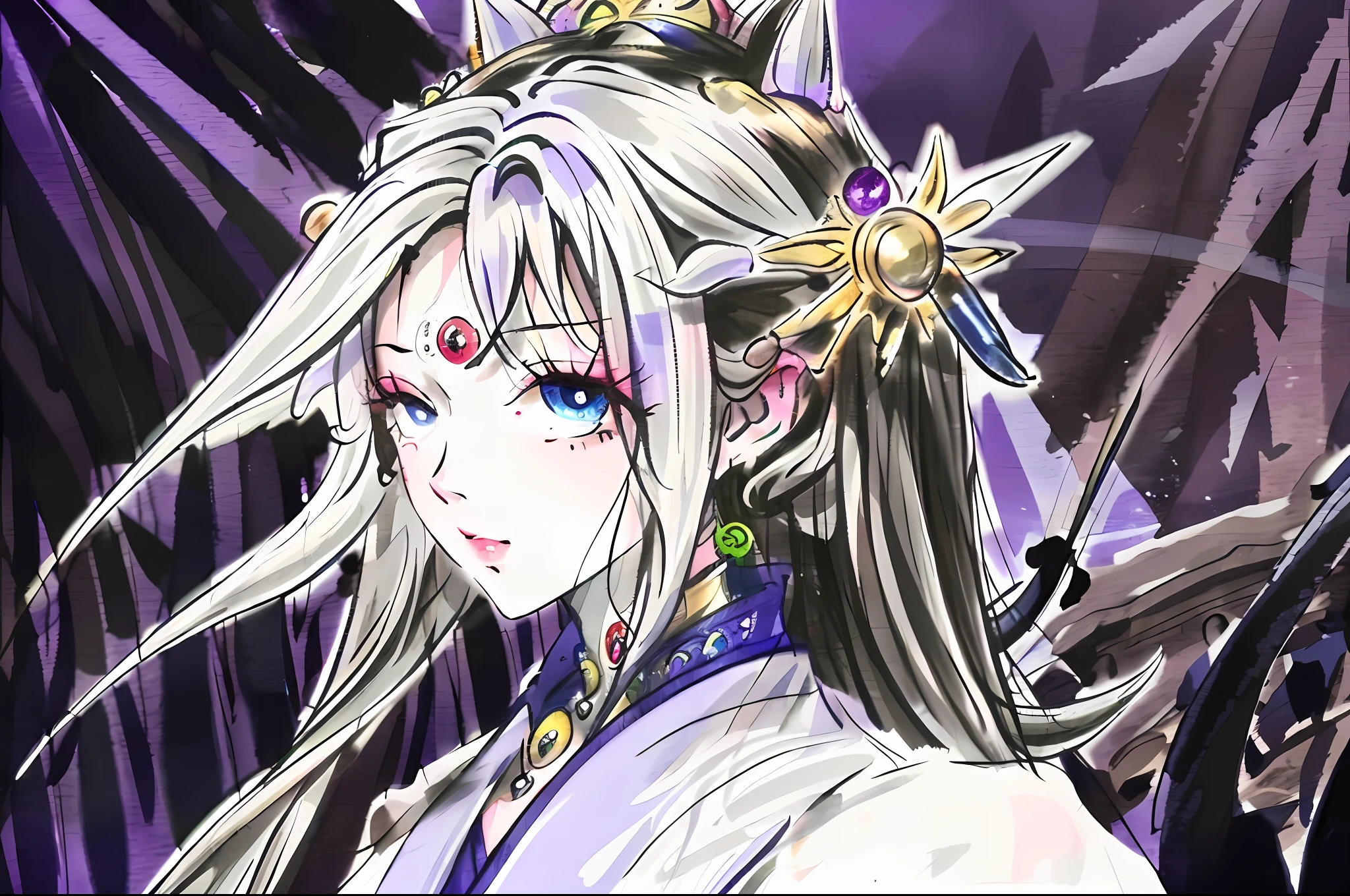 White-skinned, brunette color hair, Purple pupils, Ancient and majestic, Perform mysterious ritual realism