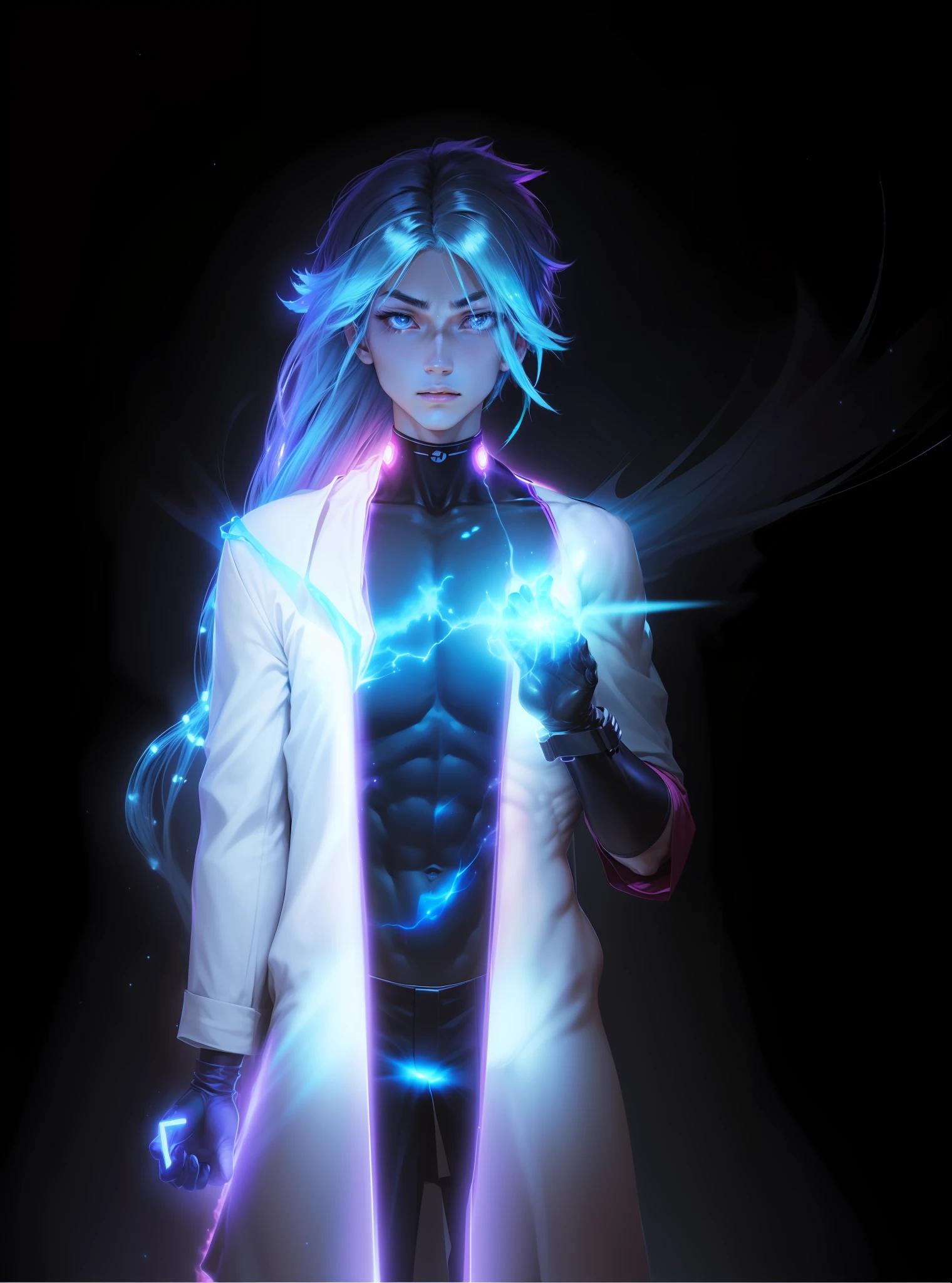 ((The Japanese character male teen character, slim and athletic body) + Prison School anime style, + showing off his superpowers = Star PULSE Candle, + palm of hand, + fully radioactive fluorescent hair strands from the top of the head to the tip of the fluorescent hair strands + glowing eyes like ultraviolet lanterns well-defined and serious + add nebulae background + glowing chakras all over the body. + no nudity + add dark blue winter boots. --auto