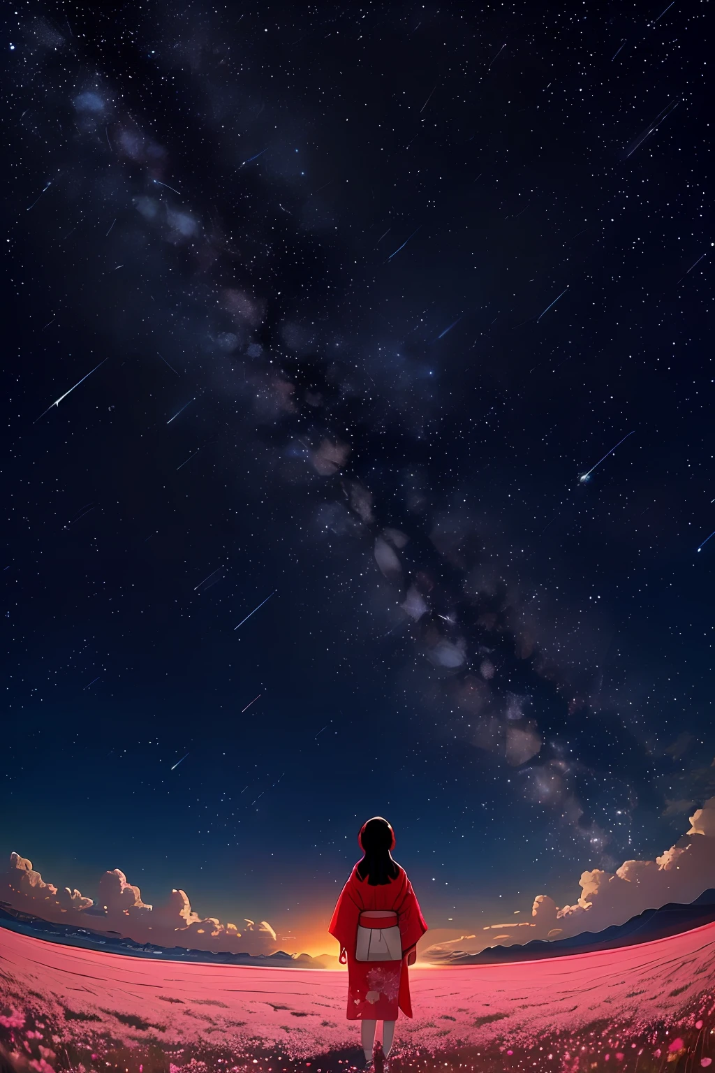 1 girl, distant girl gazing at the stars in kimono, (zoom down: 1.1), (meteor shower: 1.2), (comet: 1.1), your name, low angle, from behind, arctic wild cherry blossoms, shooting stars, yukata, red kimono, cherry blossoms, standing in the field, best quality, masterpiece, clouds, colorful, stars,