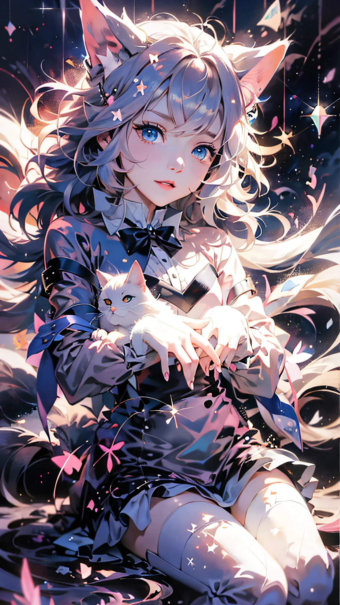 Anime cat with blue eyes and stars in background, anime cat, Cute cat of anime visual, Realistic anime cats, Lovely detailed digital art, Anime art wallpaper 4 K, anime art wallpaper 4k, Very, very beautiful furry art, beautiful anime catgirl, very beautiful anime cat girl, 4 k comic wallpaper, cute anime catgirl, Anime art wallpaper 8 K,white stockings,