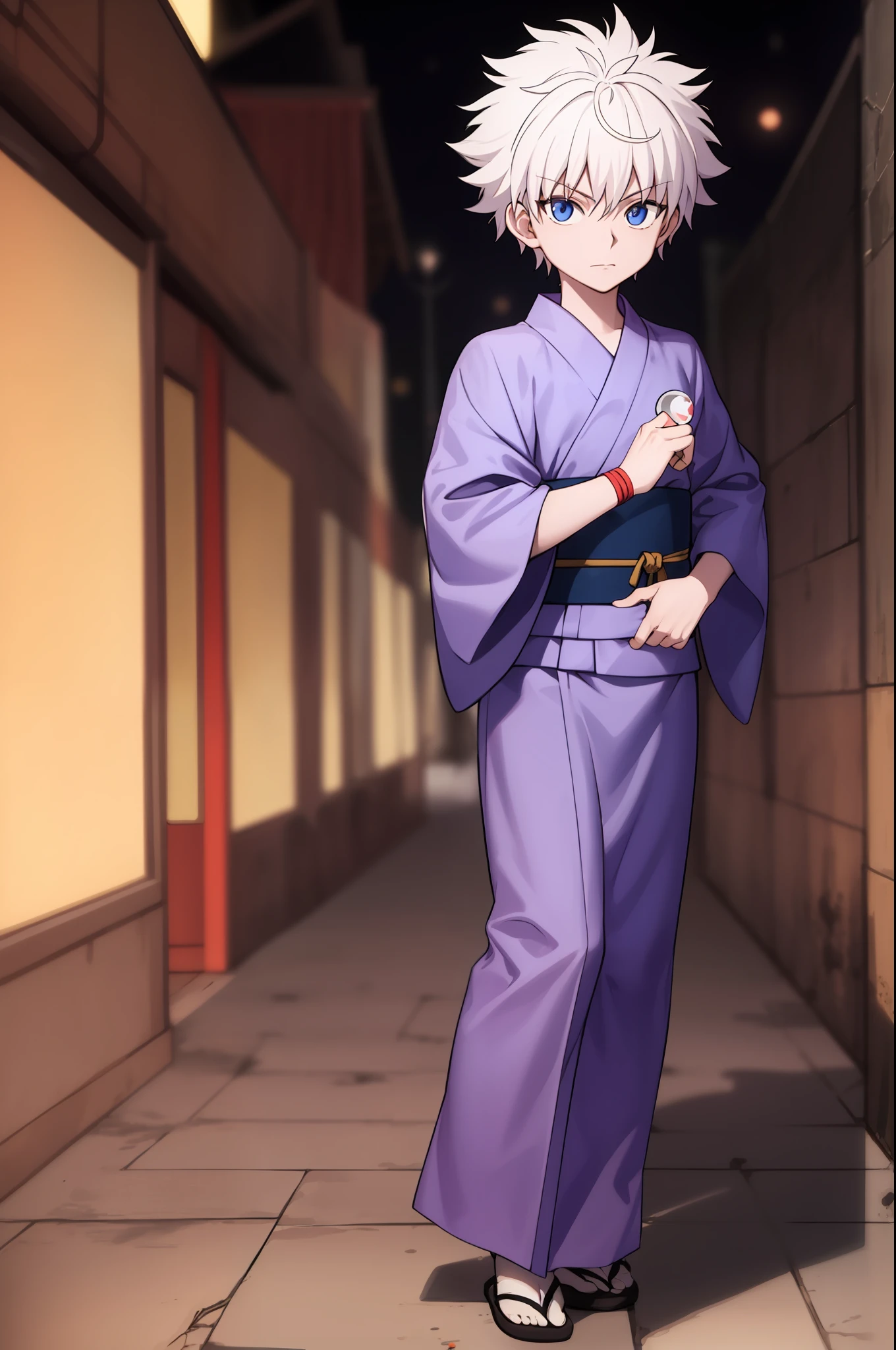 masterpiece, best quality, high quality, 1boy, solo, male focus, looking at viewer, full body, killua_zoldyck, wearing yukata, background blood moon