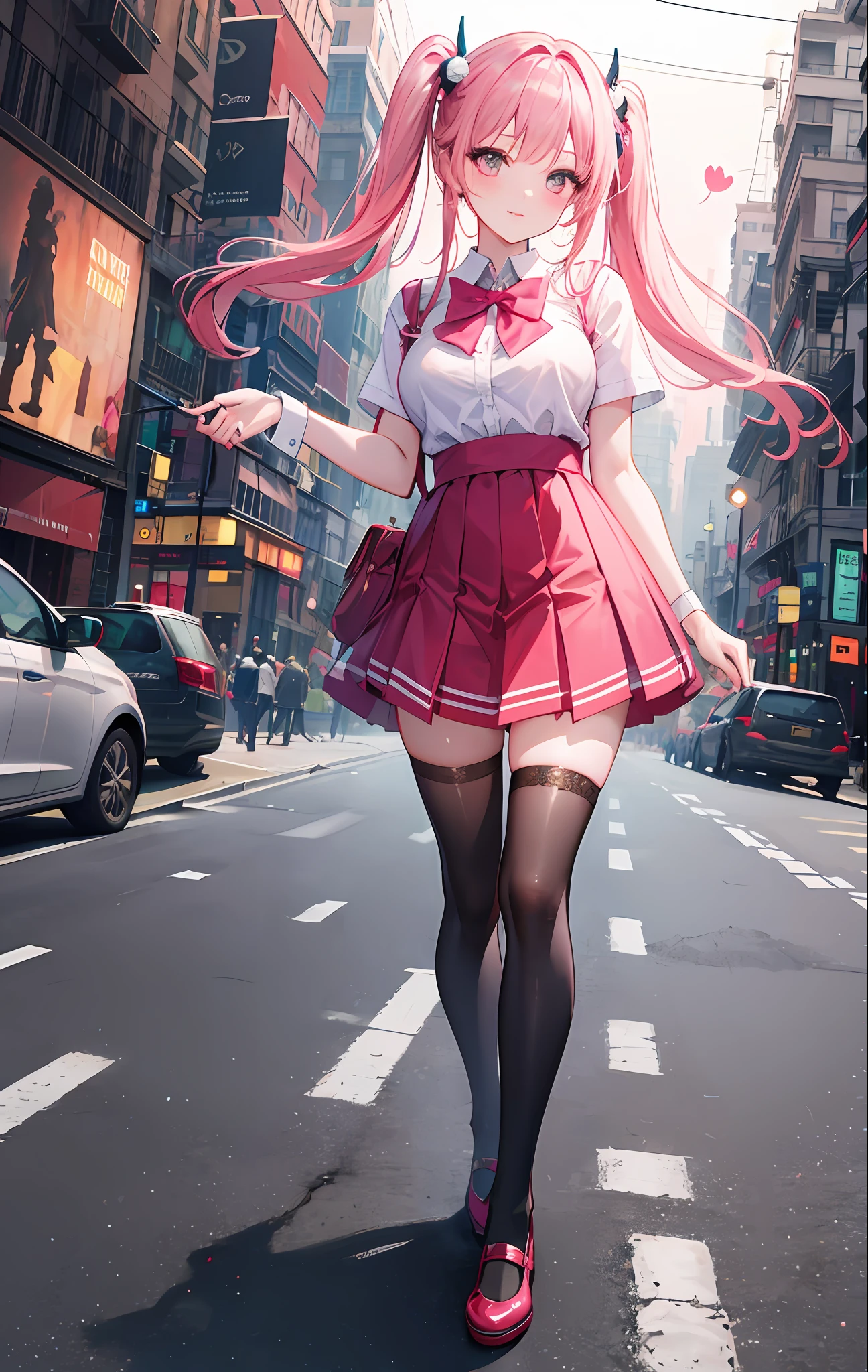 city, cityscape, neon lights, bow, bare shoulders, zettai ryouiki, head tilt, (twintails:1.15), (pink hair:1.05), hair ornament, looking at viewer, (full body:1.05), 1girl, solo, large breasts, bowtie, school uniform, pink dress, white thighhighs, blush, happy, mary janes, game cg, incredibly absurdres, masterpiece, best quality, extremely detailed cg unity 8k wallpaper, photo, realistic, valentine, pov