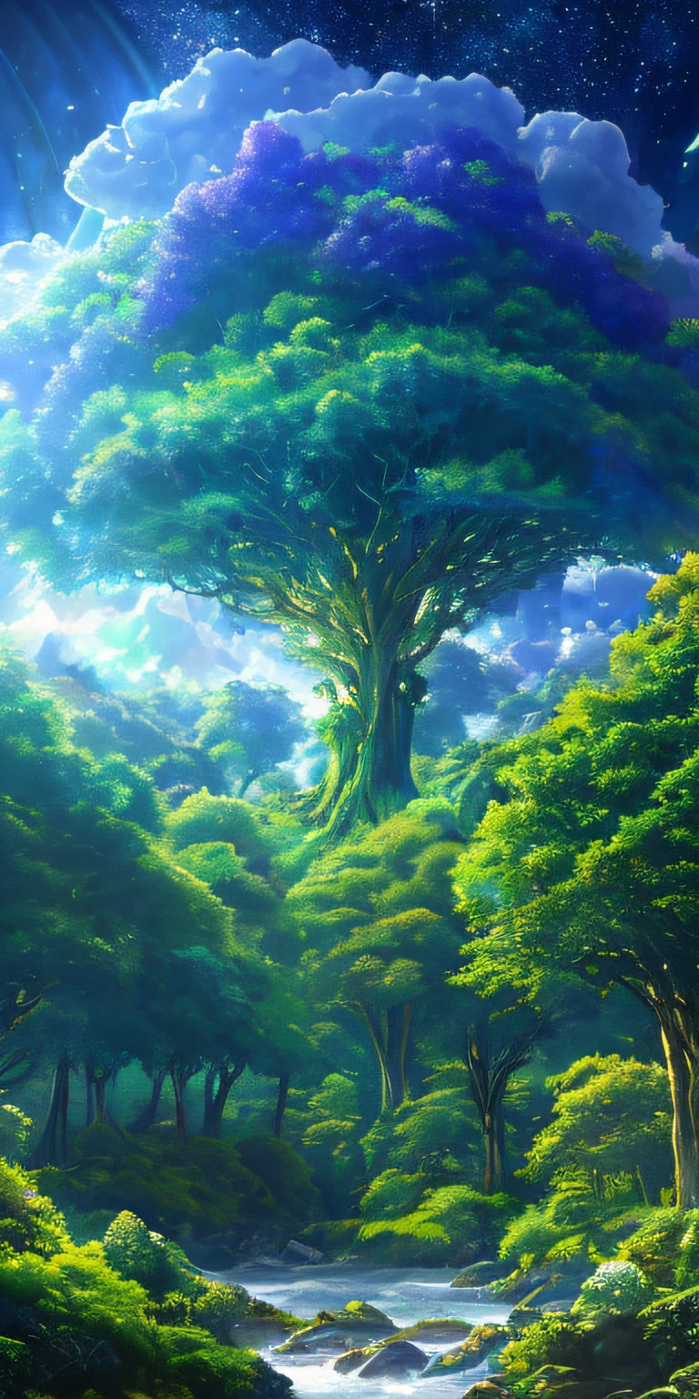 Illustration of a surreal, otherworldly, hyper sky scene including a giant crystal tree full body, highly detailed and magical lighting, intricate forest details, vegetation and surrounding river, solar punk, landscape, giant tree , beautiful green leaves, beautiful lighting and realistic proportions, as if this is a movie background, 8k, highest quality, masterpiece, clouds and stars in the sky.