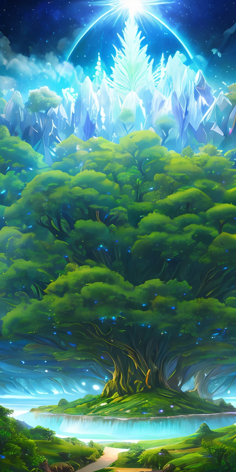 Illustration of a surreal, otherworldly, hyper sky scene including a giant crystal tree full body, highly detailed and magical lighting, intricate forest details, vegetation and surrounding river, solar punk, landscape, giant tree , beautiful green leaves, beautiful lighting and realistic proportions, as if this is a movie background, 8k, highest quality, masterpiece, clouds and stars in the sky.