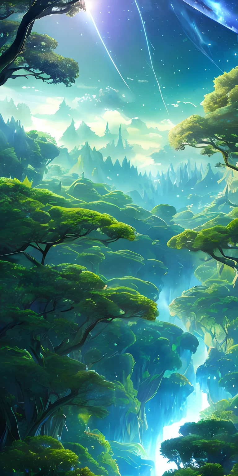 Illustration of a surreal, otherworldly, hyper sky scene including a giant crystal tree full body, highly detailed and magical lighting, intricate forest details, vegetation and surrounding river, solar punk, landscape, giant tree , beautiful green leaves, beautiful lighting and realistic proportions, as if this is a movie background, 8k, highest quality, masterpiece, clouds and stars in the sky.