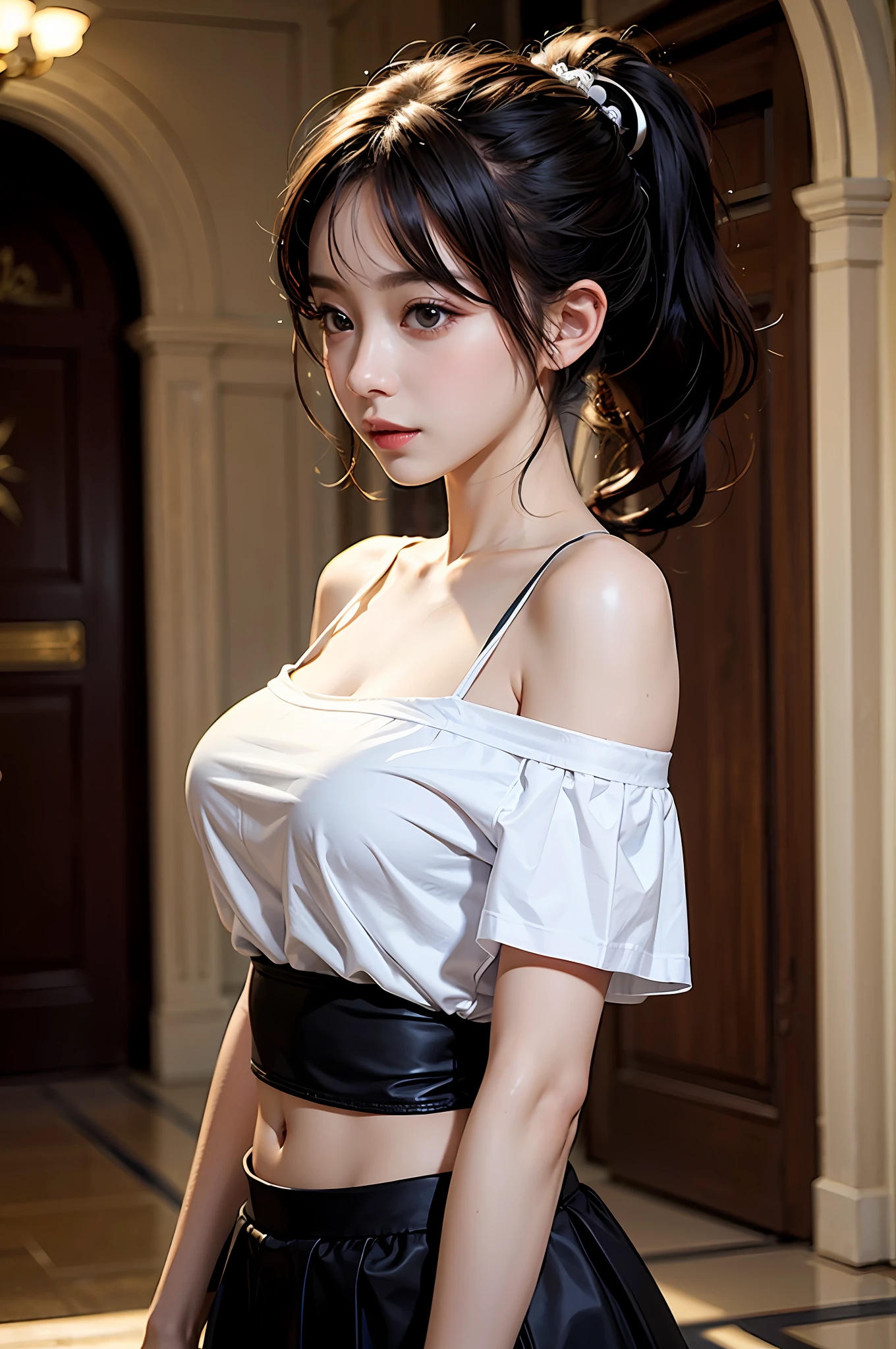 best qualtiy，sface focus，the soft light，（depth of fields），超高分辨率，（Photorealsitic：1.4），RAW photos，Bigboobs，Open navel，Long bangs，Ponytail hairstyle，（sportrait：1.4），（From the front side）1girll，独奏，adolable，（Shy，ssmile：1.1），（with brown eye），Detailed beautiful face，（mid day_Hair）， The hall of the castle of Europe，Walk，（off-the-shoulder shirts），