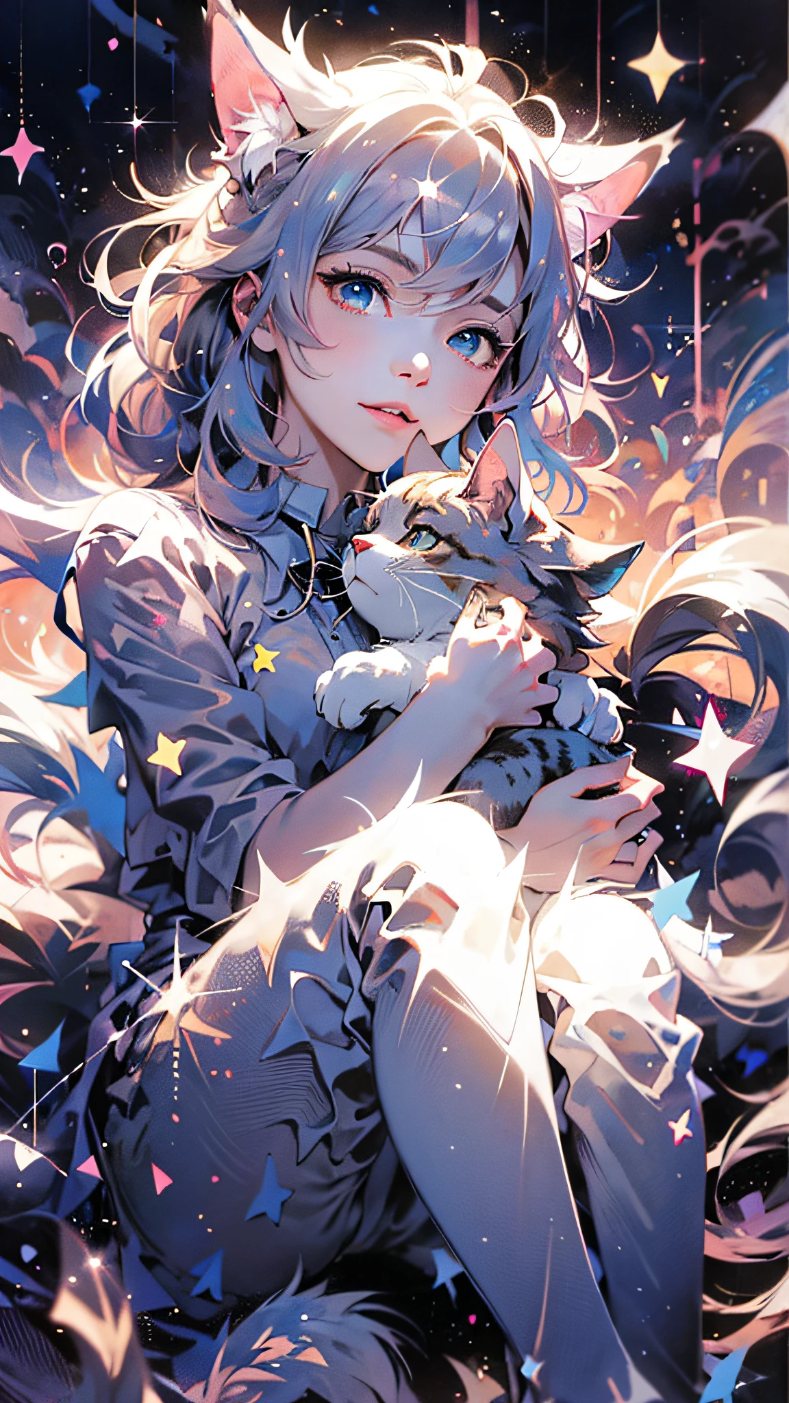 Anime cat with blue eyes and stars in background, anime cat, Cute cat of anime visual, Realistic anime cats, Lovely detailed digital art, Anime art wallpaper 4 K, Anime art wallpaper 4k, Very, very beautiful furry art, beautiful anime catgirl, Very beautiful anime cat girl, 4 k comic wallpaper, cute anime catgirl, Anime art wallpaper 8 K,white stockings,