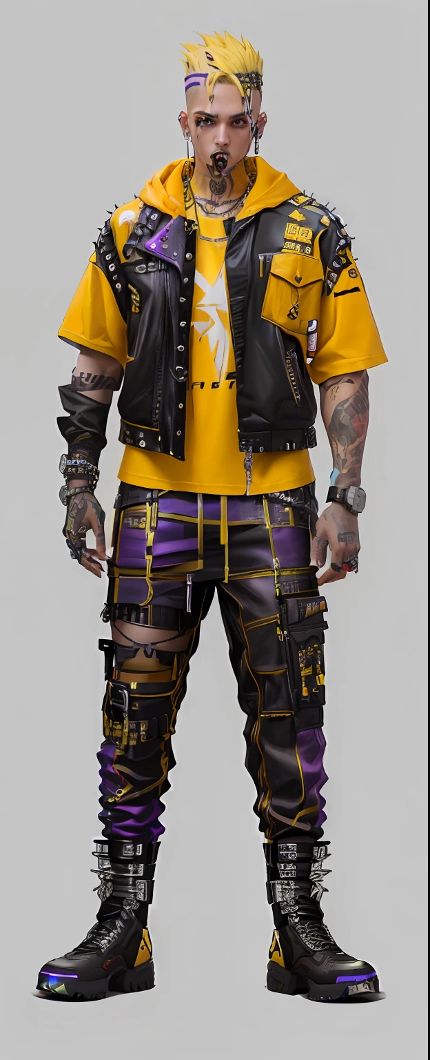 Allad men in yellow shirt and purple pants and black vest, mechanic punk outfit, dressed in crustpunk clothing, cyberpunk street goon, punk-rocker, style of cyberpunk 2 0 7 7, dressed in punk clothing, cyberpunk style outfit, dressed in punk clothing, punk clothing, dressed in punk clothing, wearing cyberpunk streetwear, cyberpunk streetwear, Punk rocker