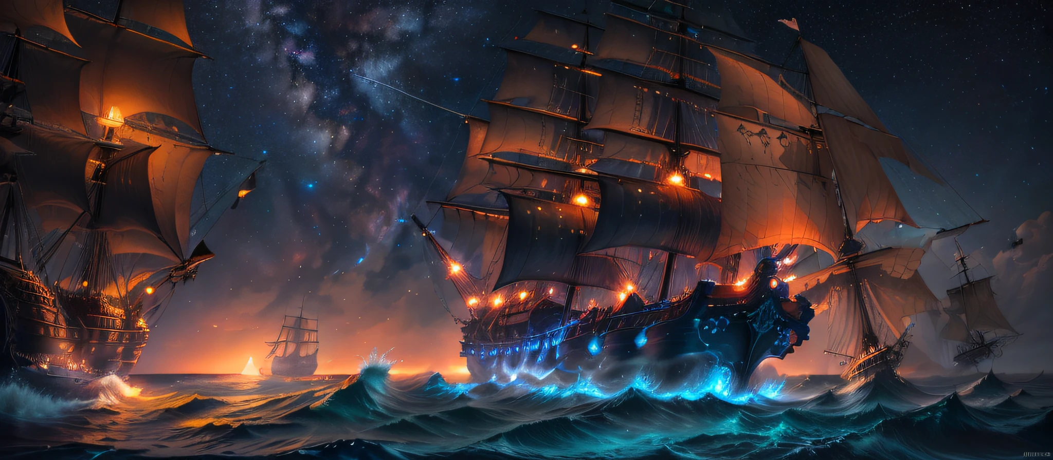 Starry skies, Milky Way galaxy universe, multiple pirate ships sailing in the ocean with glowing runes, GlowingRunesAI_red