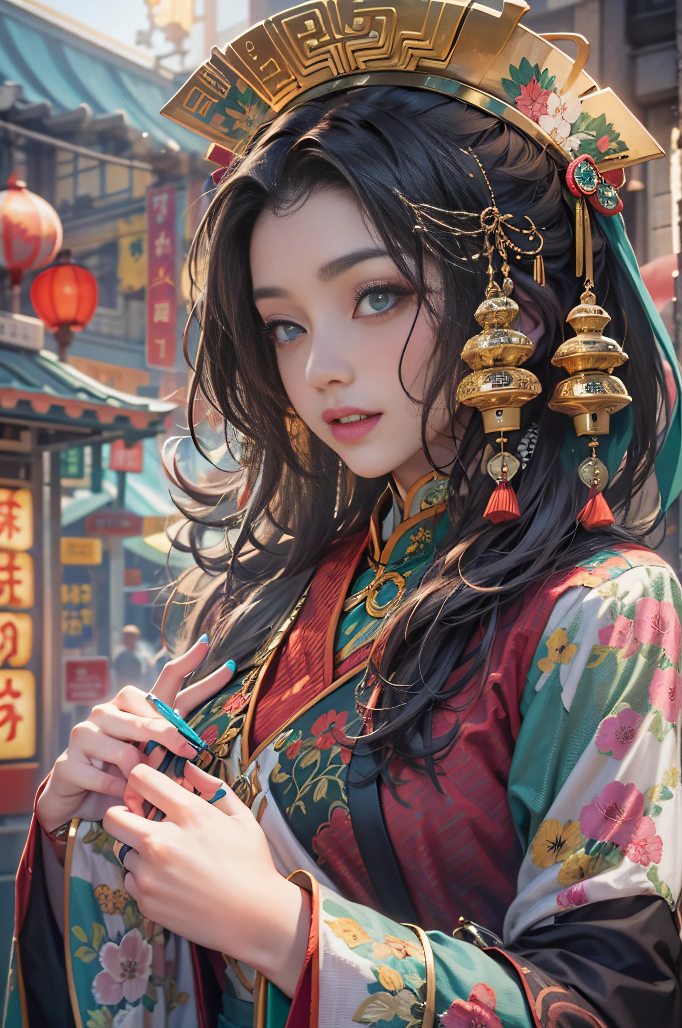 Very beautiful woman. She wears a cheongsam, The background is Chinatown, Very long hair, aqua eyes, lightsmile, Art deco, Glitter Effect, One-person viewpoint, Sony FE GM, nffsw, retinas, masutepiece, ccurate, Anatomically correct, Textured skin, Super Detail, high details, High quality, awardwinning, Best Quality, hight resolution, 1080p, hard disk, 4K, 8K, 16 K