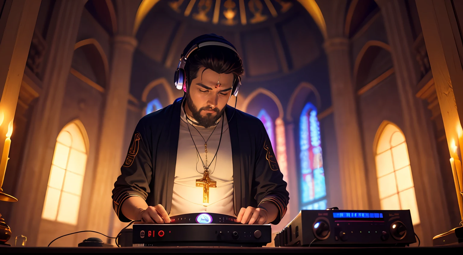 buda dj junto a una sacerdotisa tantrica mezclando musica en una tornamesa de dj en un templo hindu foto ultrarealista --auto