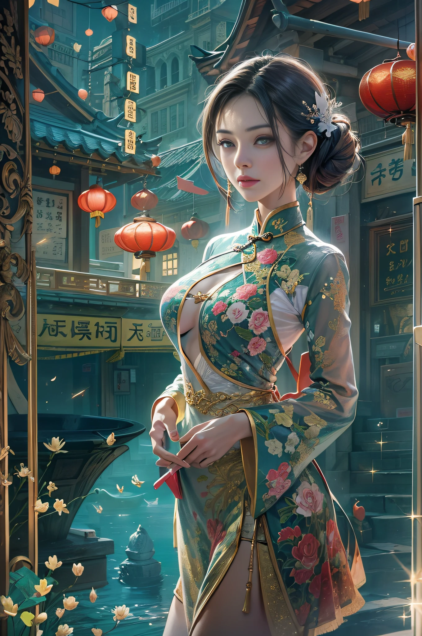 Very beautiful woman. She wears a cheongsam, The background is Chinatown, Very long hair, aqua eyes, lightsmile, Art deco, Glitter Effect, One-person viewpoint, Sony FE GM, nffsw, retinas, masutepiece, ccurate, Anatomically correct, Textured skin, Super Detail, high details, High quality, awardwinning, Best Quality, hight resolution, 1080p, hard disk, 4K, 8K, 16 K