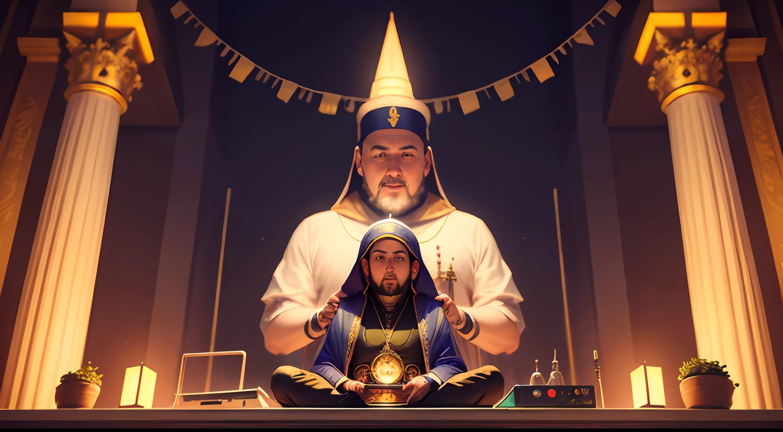 buda dj junto a una sacerdotisa tantrica mezclando musica en una tornamesa de dj en un templo hindu foto ultrarealista --auto