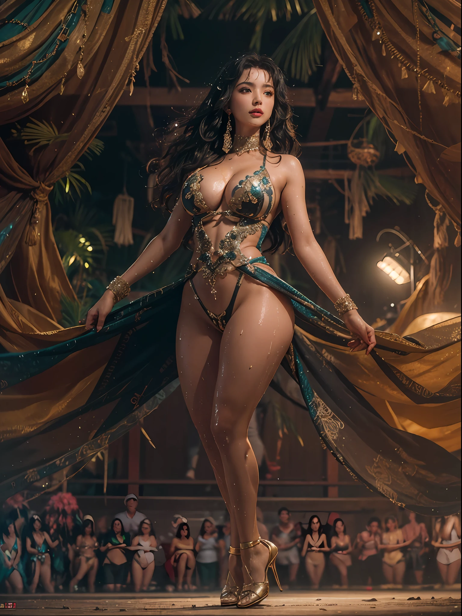 high-res, masterpiece, best quality, ((Hasselblad photography)), sharp focus, (cinematic lighting), soft lighting, dynamic angle, a woman, mature female, (wearing samba dance dress:1.2), carnival, samba dress, finely detailed skin, extra long wavy black hair, highly detailed hair, high heels，huge breasts，large breasts，big boob，Burst breasts，Big breasts，Plump breasts，Expose breasts，bare breasts，Narrow waist，Bare ass，big ass，bare belly，bare navel，wet，wet body，sweating body，shiny skin，pubic hair，intricate details, ((cinematic light)),