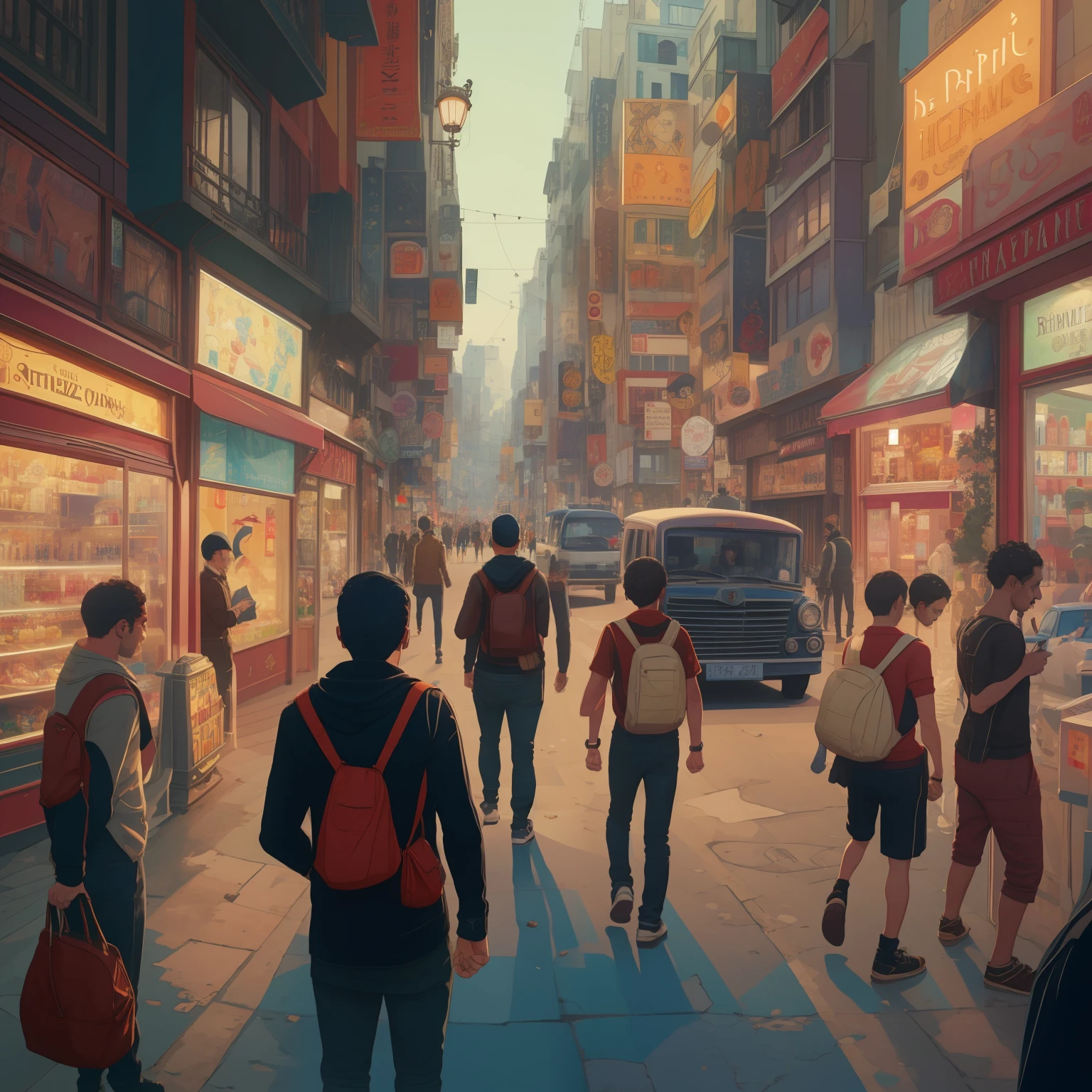 Illustration of a busy street scene, by Raphaël Collin, por Bernard D'Andrea, inspirado por Tomer Hanuka, ( Asaf Hanukkah ), por Asaf Hanukkah, por Tomer Hanuka, by Clément Serveau, inspirado por Asaf Hanuka, by Róbert Berény, french comic style