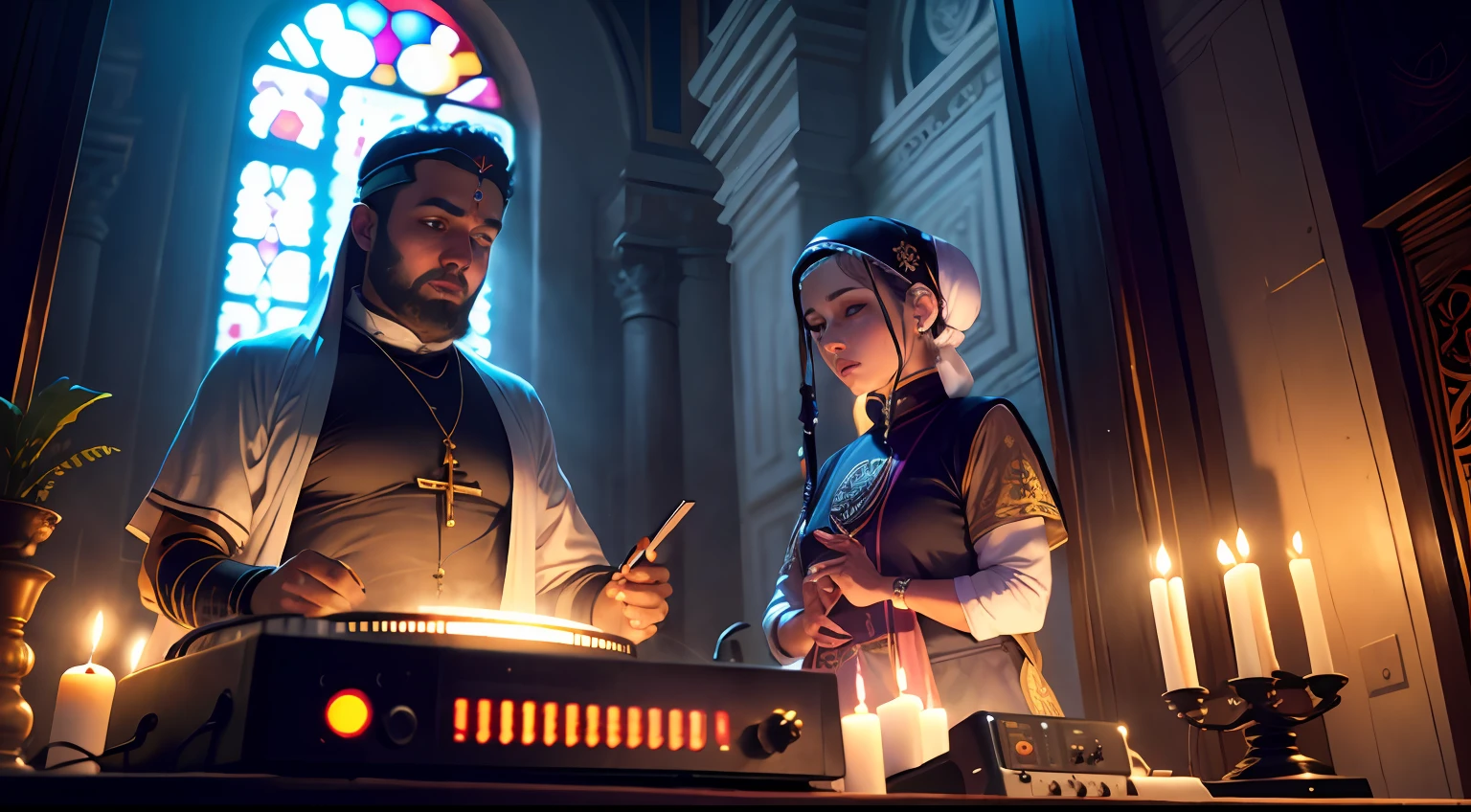 buda dj junto a una sacerdotisa tantrica mezclando musica en una tornamesa de dj en un templo hindu foto ultrarealista --auto
