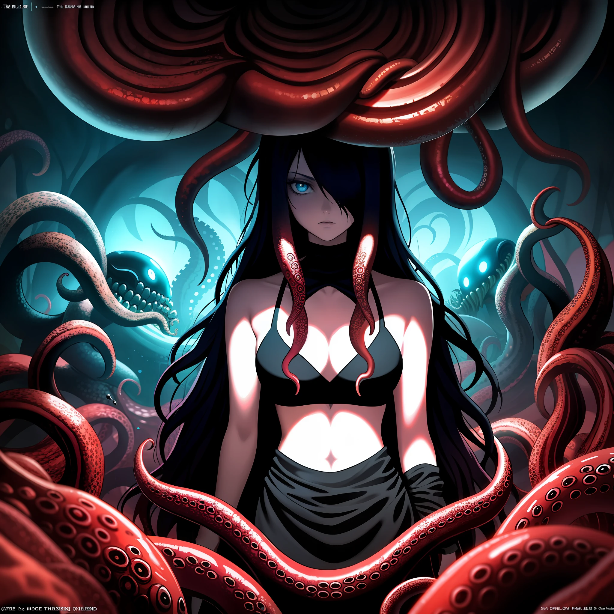 tmasterpiece，Girl wrapped in tentacles，Cunning characters，
Features the Dark Academy，iconic album covers，Cthulhu，Daniel Gerhardz style ，Surrealist comic book style ，fisheyelens，Limit the viewing angle