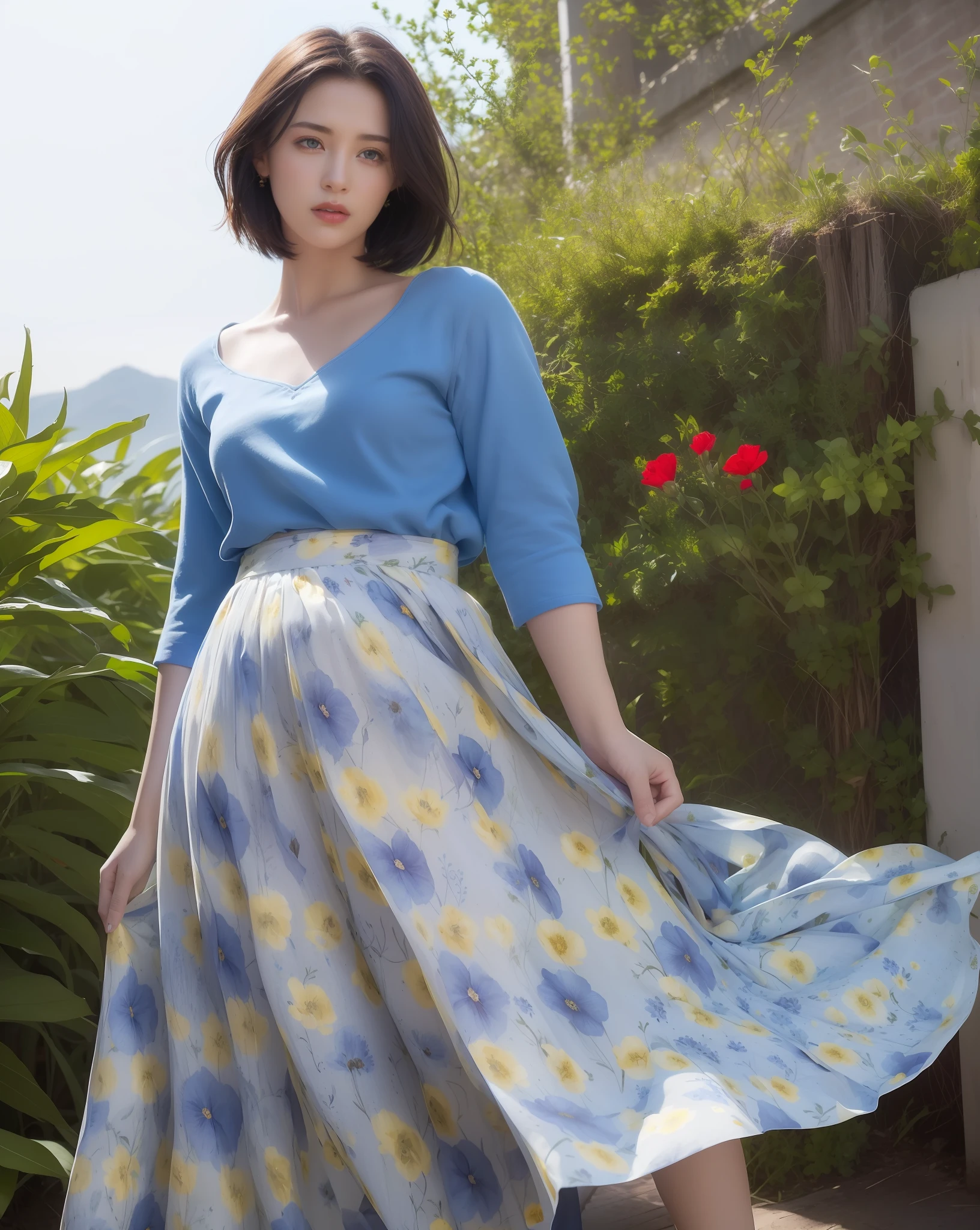 (long skirt:1.2),(blue flowers print:1.2),(yellow flowers print:1.2),(red flowers print:1.3),(birds print:1.2),(leaf print:1.2),1 girl,full body, (short hair:1.1), (realistic:1.7),((best quality)),absurdres,(ultra high res),(photorealistic:1.6),photorealistic,octane render,(hyperrealistic:1.2), (photorealistic face:1.2), (8k), (4k), (Masterpiece),(realistic skin texture), (illustration, cinematic lighting,wallpaper),( beautiful eyes:1.2),((((perfect face)))),(cute),(standing),(black hair),(short hair),black eyes,red lips, (outdoors),