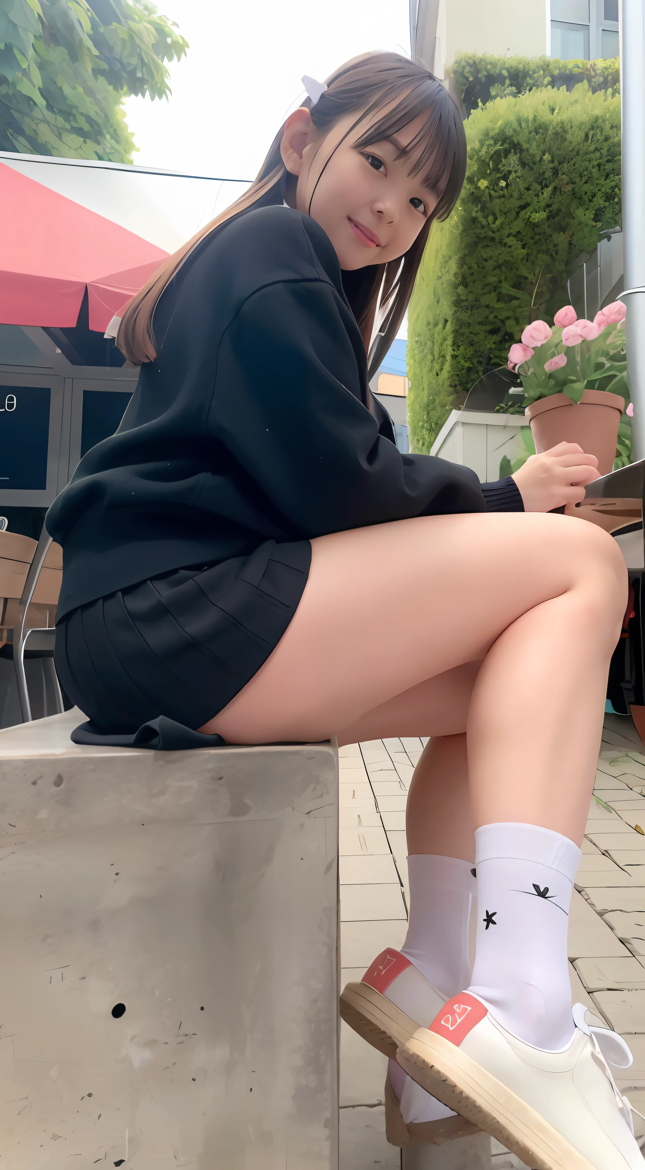 1girll,Solo,Pure_detail in face_The face is pure_eye detailed_Eye JK_Uniform JK_Skirt JK_Socks JK_Shoes JK sailor uniform junior high school students too big, short detailed hair，middle score，Sit on a stool in a café,outdoor cafe，Outdoor stools，（the benches：1.5），（From the front side：1.7），（symetrical composition：1.7），（Golden section：1.7），（the golden ratio：1.7），（Keep your feet apart），（legs are open），（The reveal panties），（Natural color panties），foot in the air。